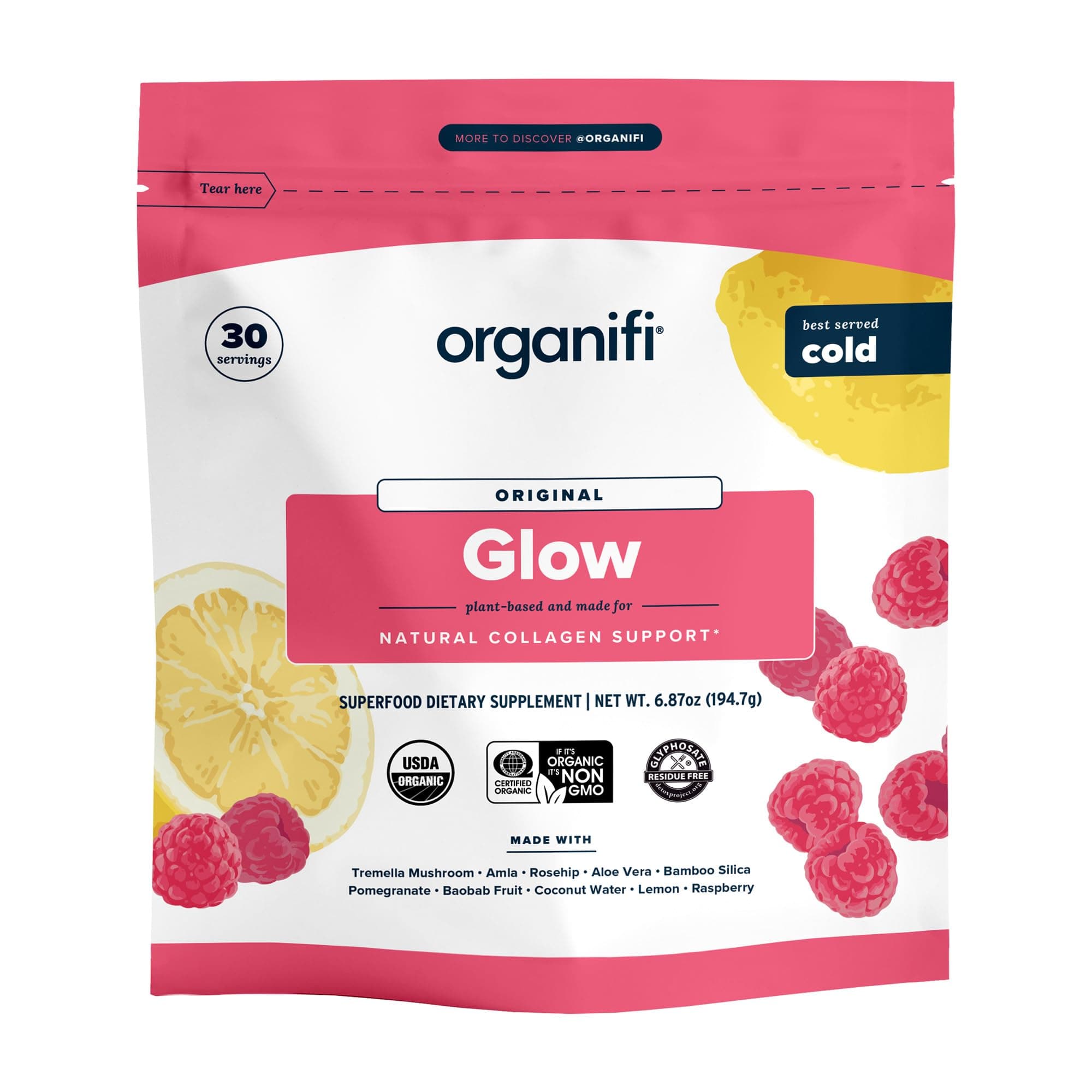 Organifi Glow - Vegan Collagen Powder for Women - Organic Flavored Water Ingredient, 30 Servings