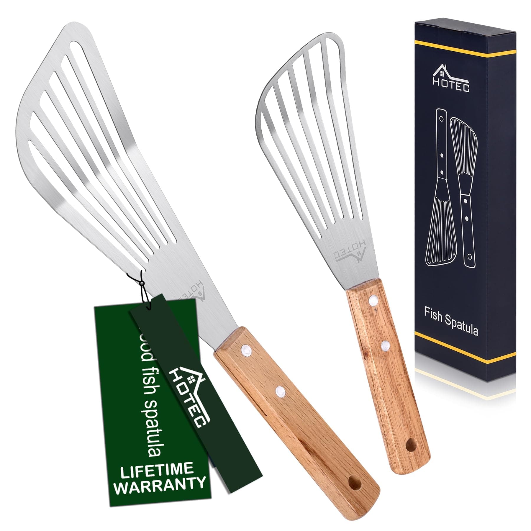 HOTEC 2pcs Stainless Steel Wooden Handle Fish Spatula, Metal Spatula Flipping Foods