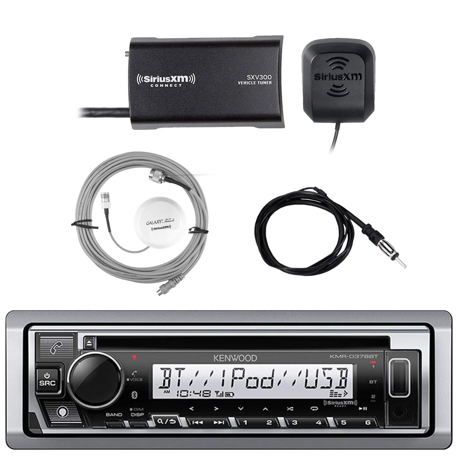 Kenwood Single DIN Bluetooth in-Dash CD AM/FM Marine Stereo Receiver Bundle Combo with Satellite Radio Vehicle Tuner Kit, Shakespeare Galaxy Antenna, Enrock Marine Antenna
