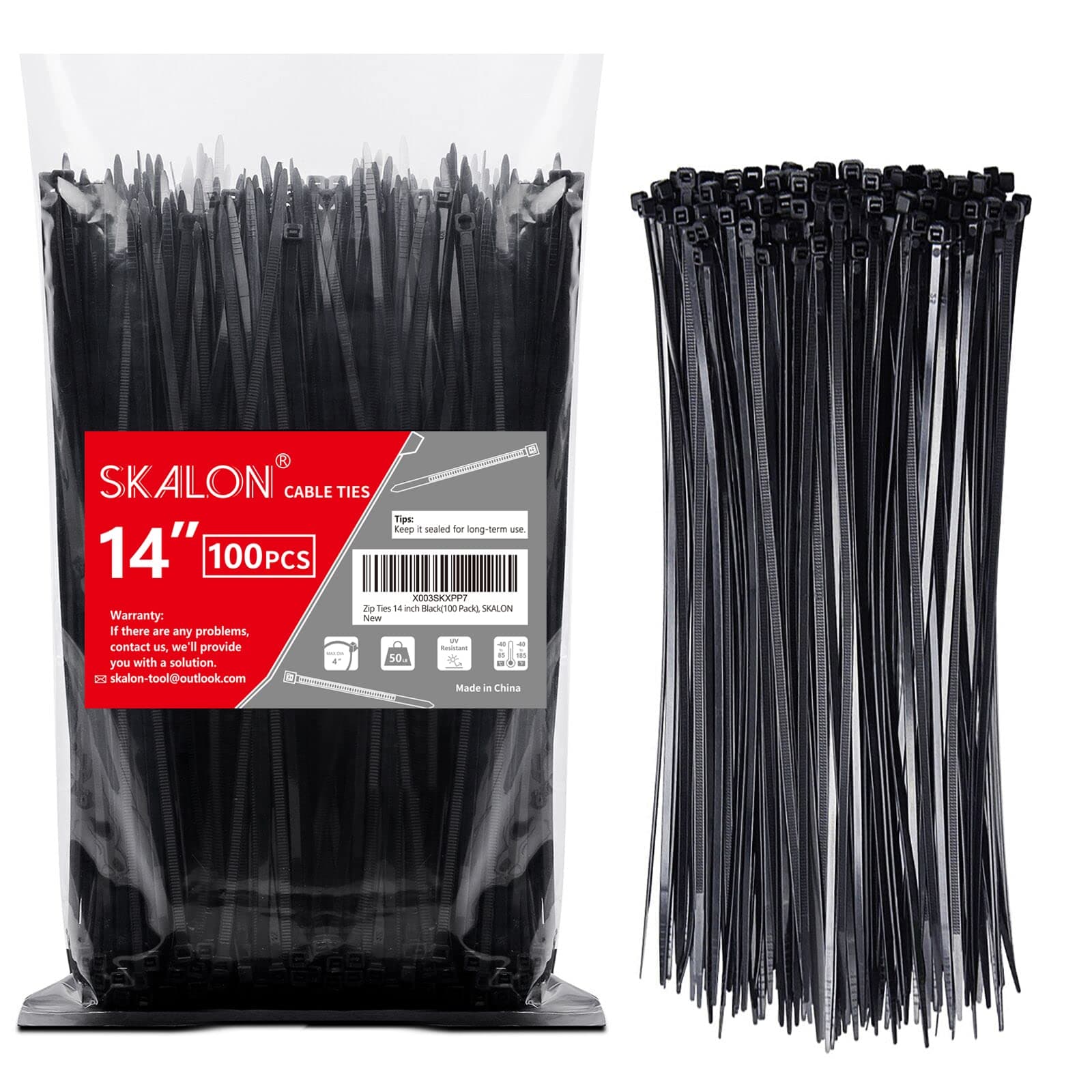 Zip Ties 14 inch (100 Pack), Black, 50lb Tensile Strength, UV Resistant Cable Ties for indoor and outdoor by SKALON