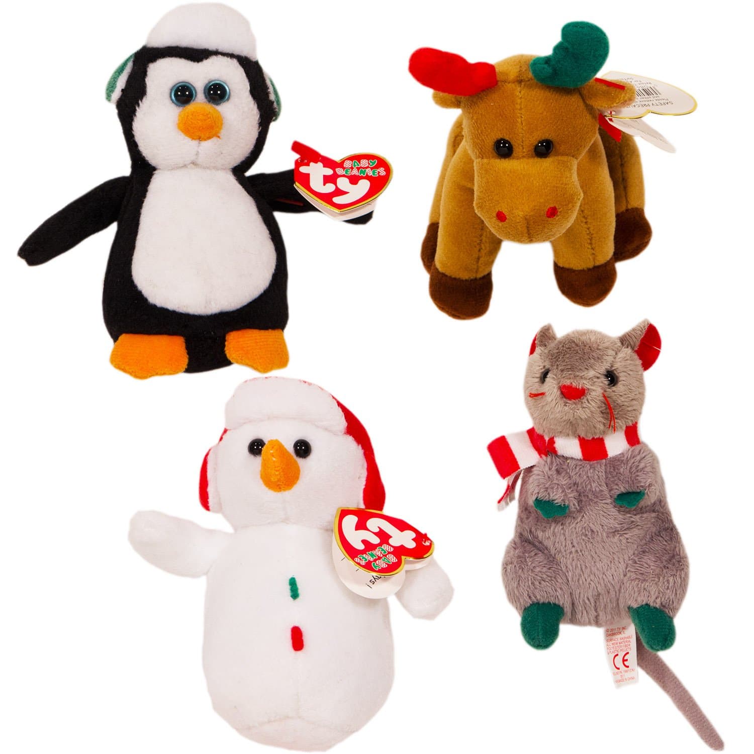 Ty Beanie Babies Christmas Set of 4 Plush Holiday Ornaments -- Snowman, Penguin, Reindeer and Mouse (4 Pack)