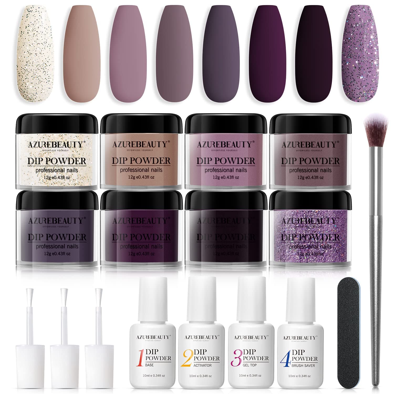 Dip Powder Nail Kit Starter, AZUREBEAUTY Eggplant Purple Glitter 8 Colors Dipping Powder System Essential Set with Top/Base Coat Activator Brush Saver for French Nail Art Manicure Beginner DIY Salon