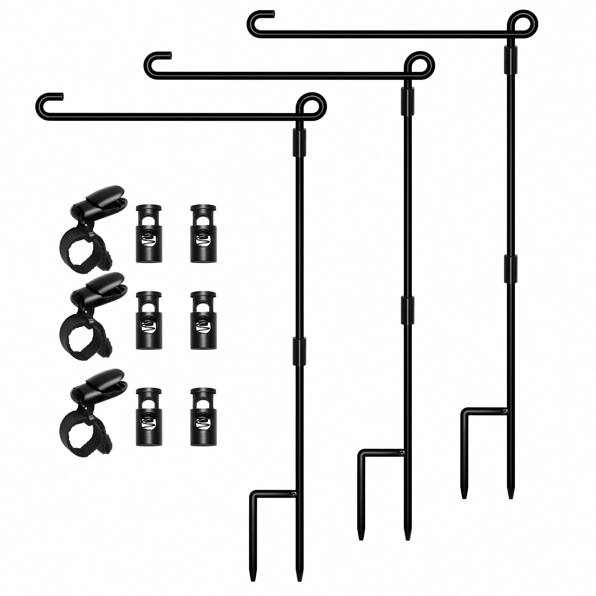 HOOSUN Garden Flag Stand, Premium Garden Flag Pole Holder Metal Powder-Coated Weather-Proof Paint with one Tiger Clip and Two Spring Stoppers Without Flag 3 Pack