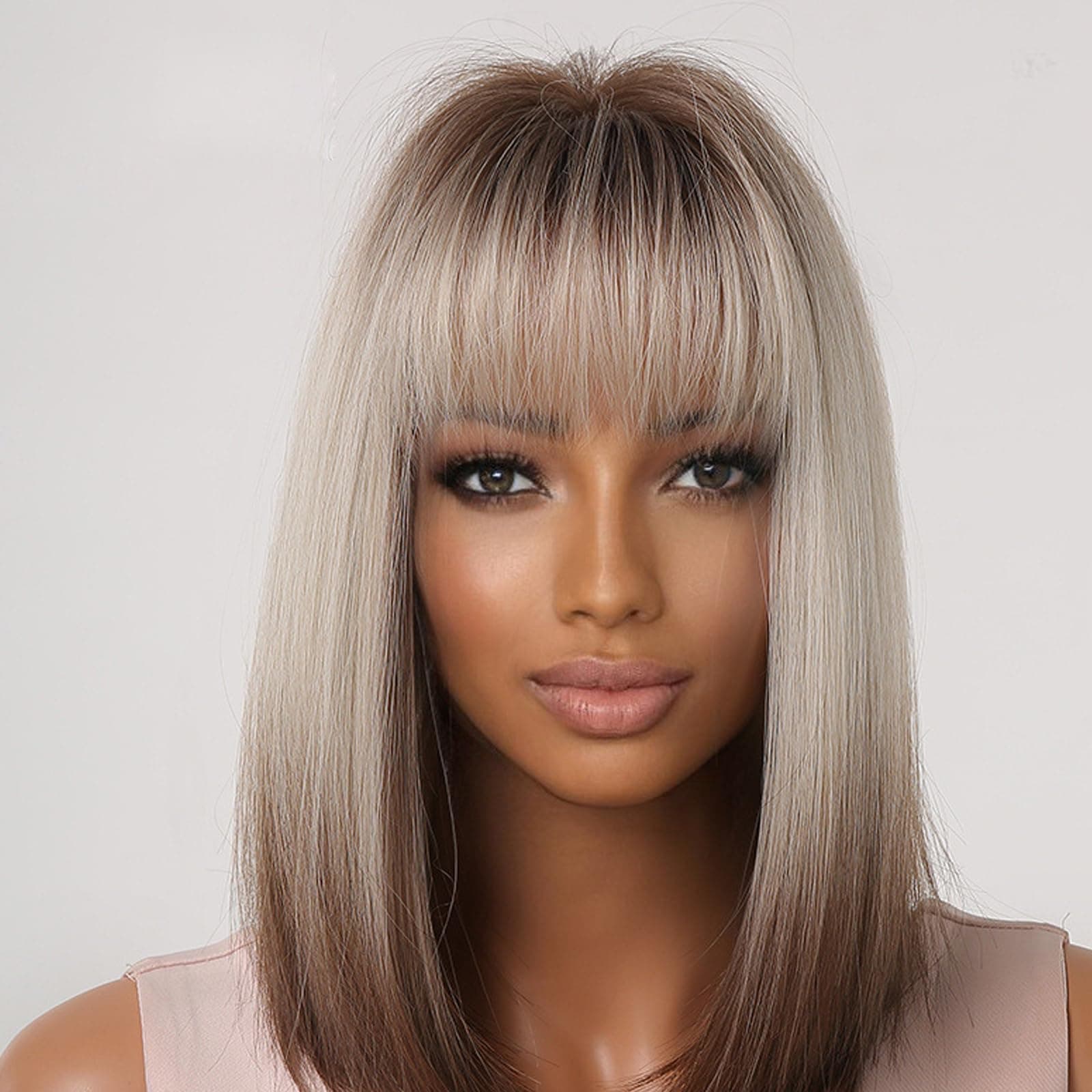 Tazweeq Platinum Blonde Wigs Cosplay Party Daily Wigs, Short Straight Brown with Grey Highlights Wigs, Short Straight Bob Synthetic Wigs With Bangs For Women Heat Resistant