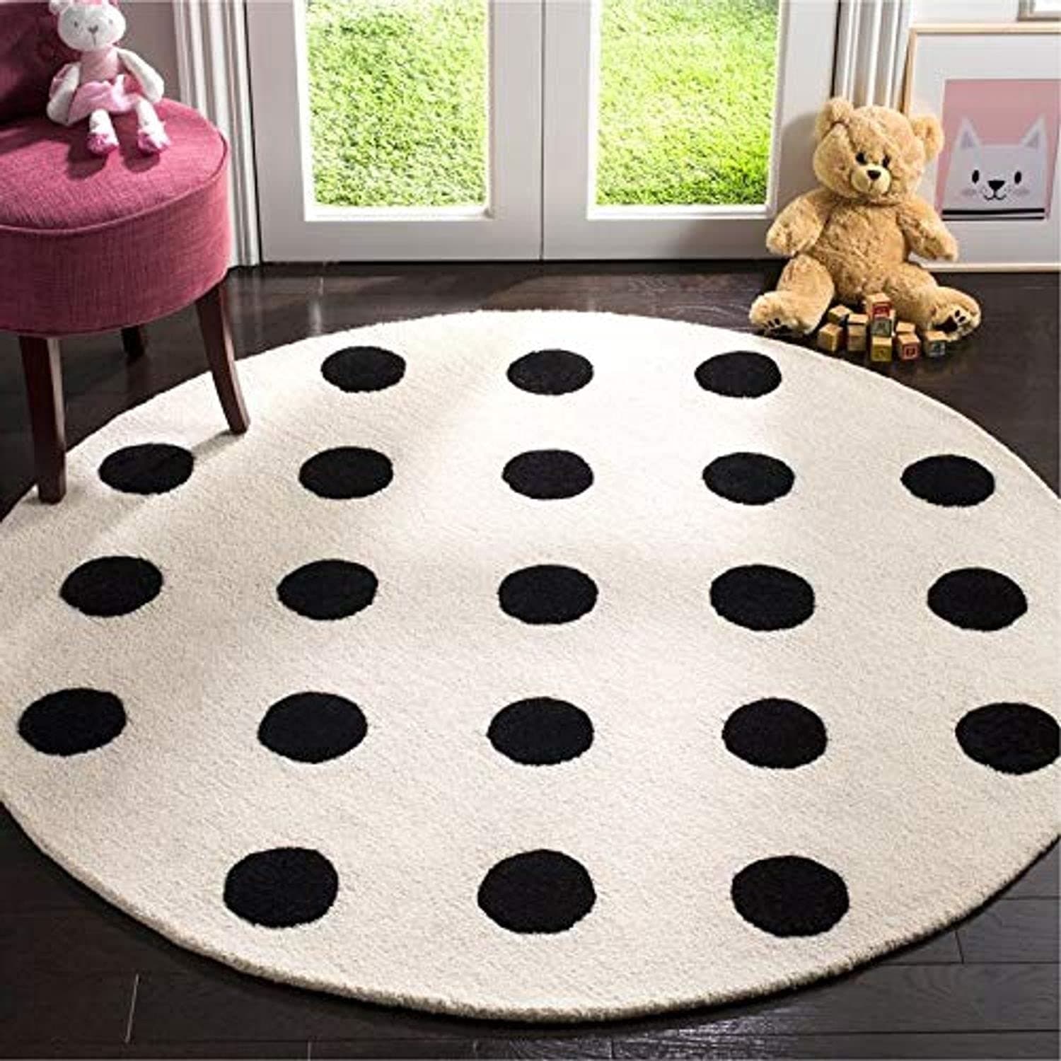 ZARACARPETS Solid Plain Exported Quality Hand Made Carpets and Rug Size 6x6 Round Diameter (6 by 6 Round) White/Black Dotted