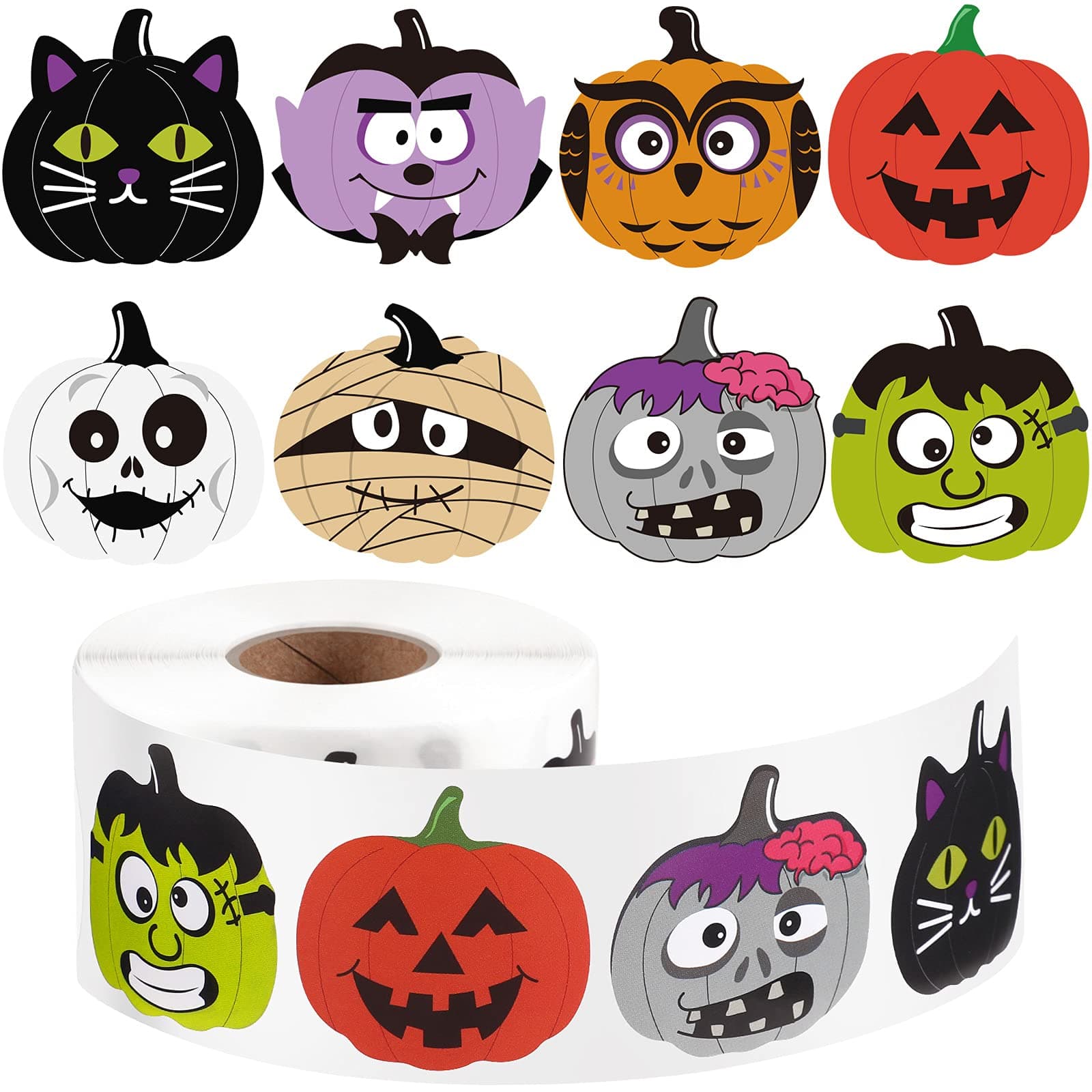 Censen 600 Pieces Halloween Stickers 1.5 Inch Halloween Pumpkin Character Roll Stickers 8 Designs Pumpkin Face Decoration(Horrible Style)