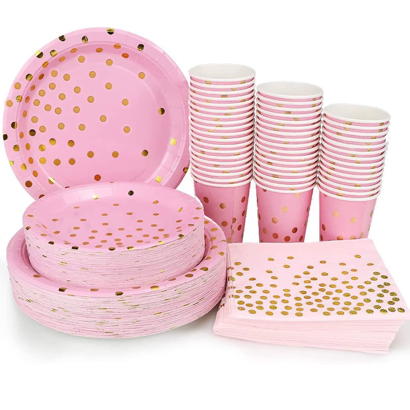Pink and Gold Party Supplies - 200PCS Disposable Pink Paper Plates Dinnerware Set Gold Dots 50 Dinner Plates 50 Dessert Plates 50 Cups 50 Napkins Wedding Birthday Party Baby Shower Christmas
