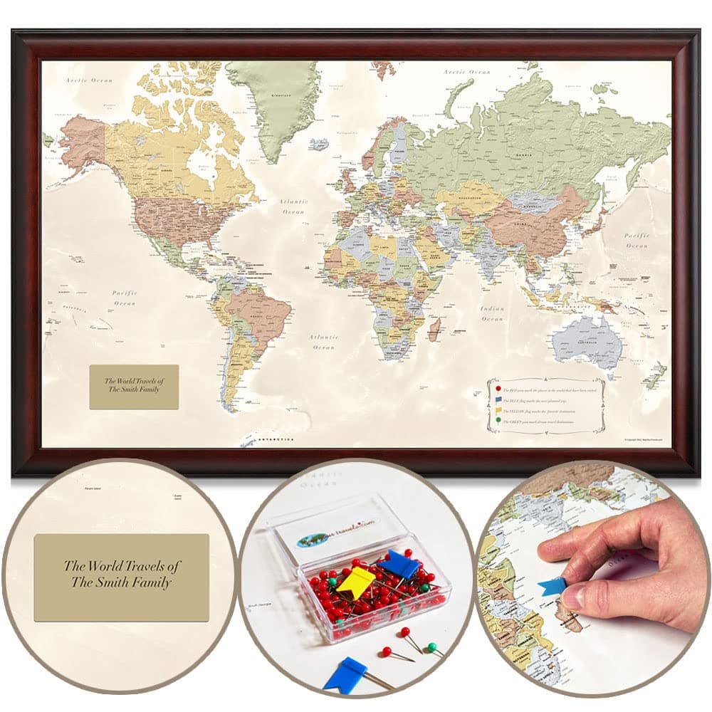 - Map Your Travels Deluxe Push Pin World Map | Premium Wood Frame | Personalized Gift Map | Handmade in Minnesota | 33" x 21"