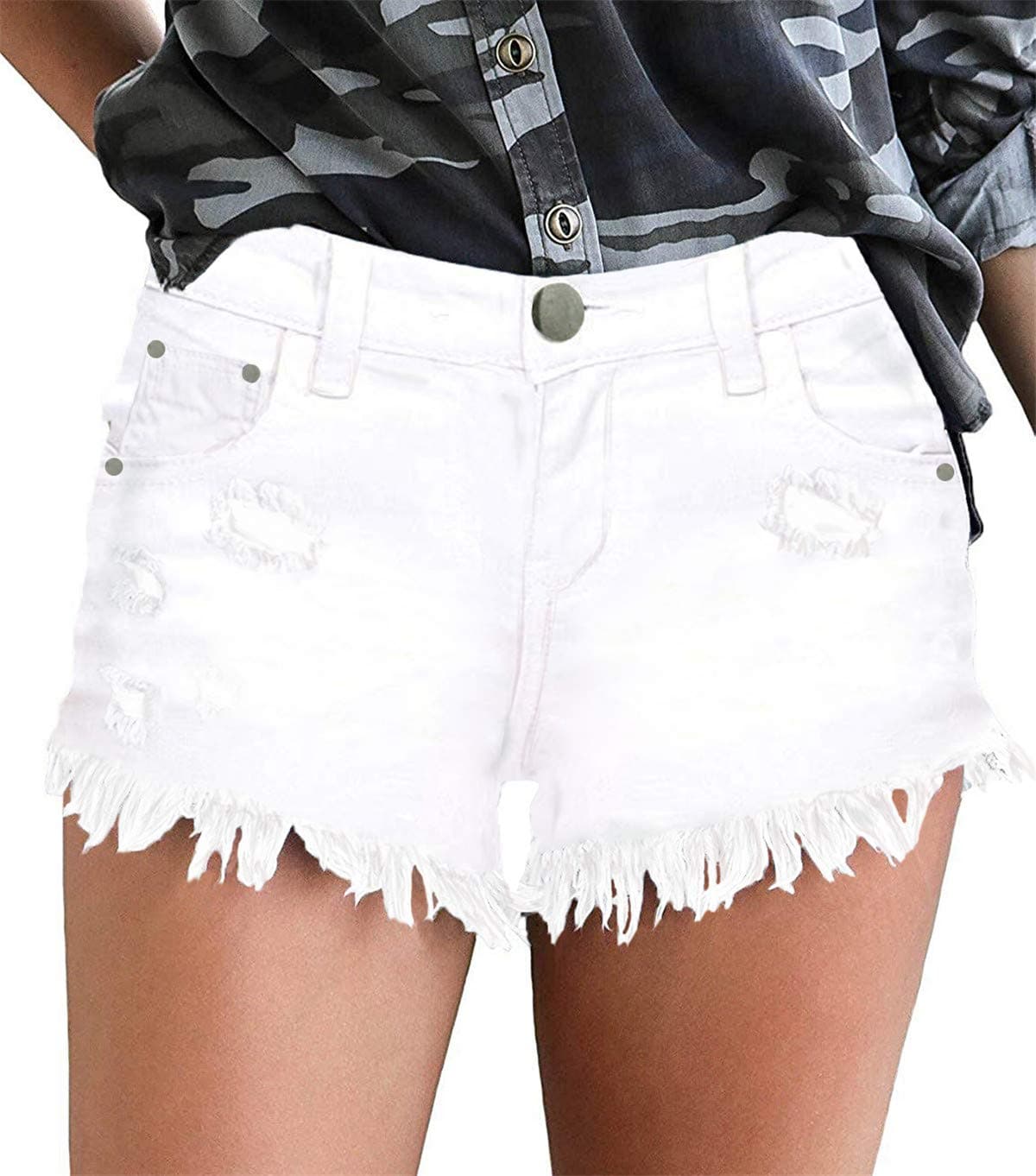 onlypuff Women's Ripped Mid Waisted Denim Shorts with Pockets