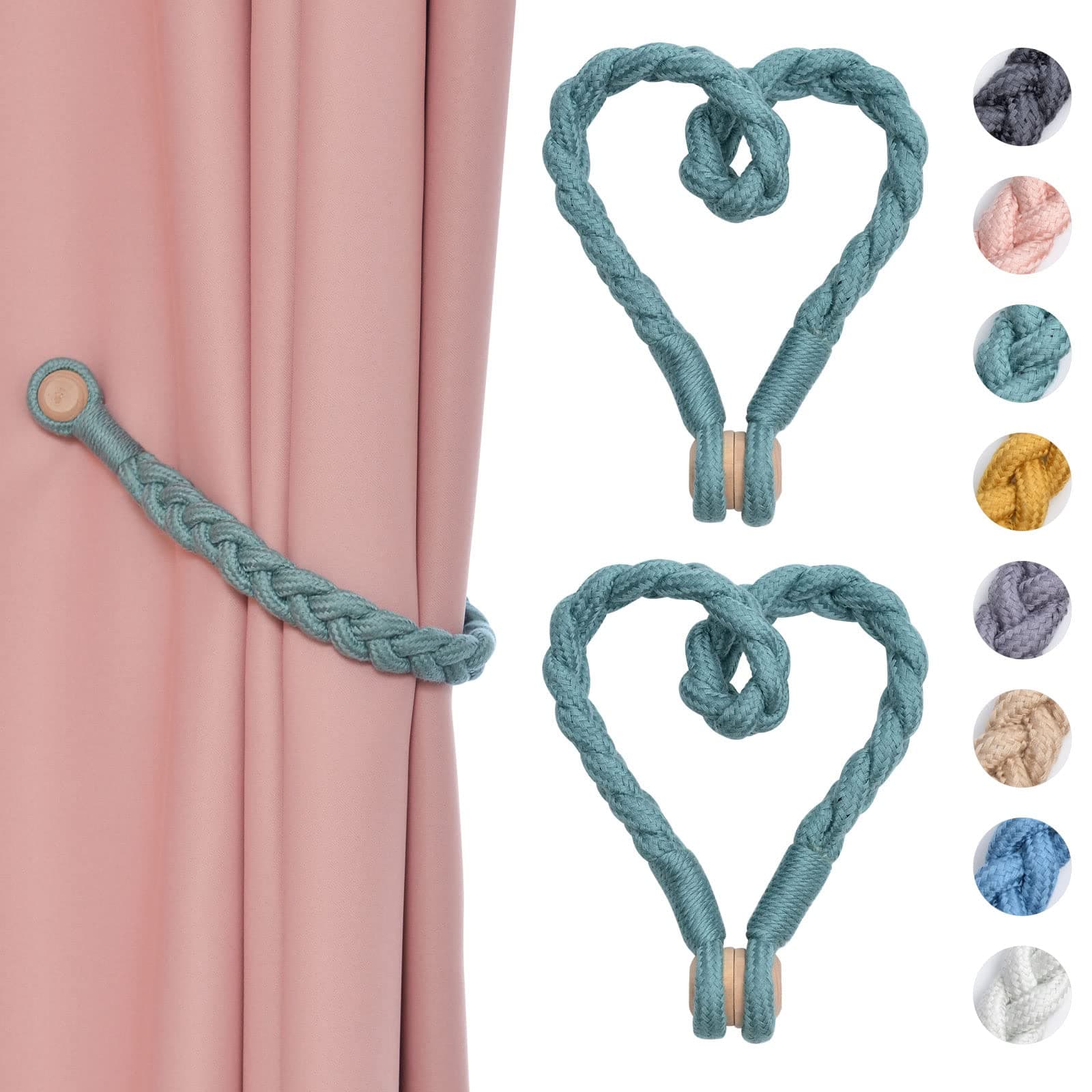 Pretty Jolly 2 Pack Magnetic Twist Curtain Tiebacks Cotton Hand-Woven Curtain Holdbacks Home Decorative Tie Backs with Wooden Buckle for Home Thin or Thick Home & Office Draperies Decor (Green)