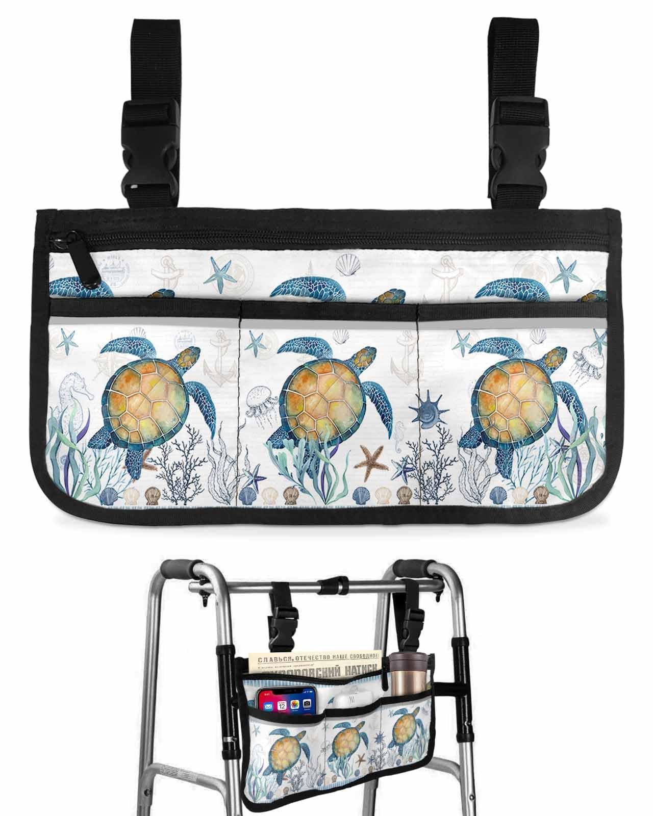 Ocean Sea Turtle Wheelchair Side Bag Walker Bag, Beach Coastal Starfish Undersea Wheelchair Armrest Accessories Organizer Pouch for Walkers, Rollators, Scooters, 7.3''x13''