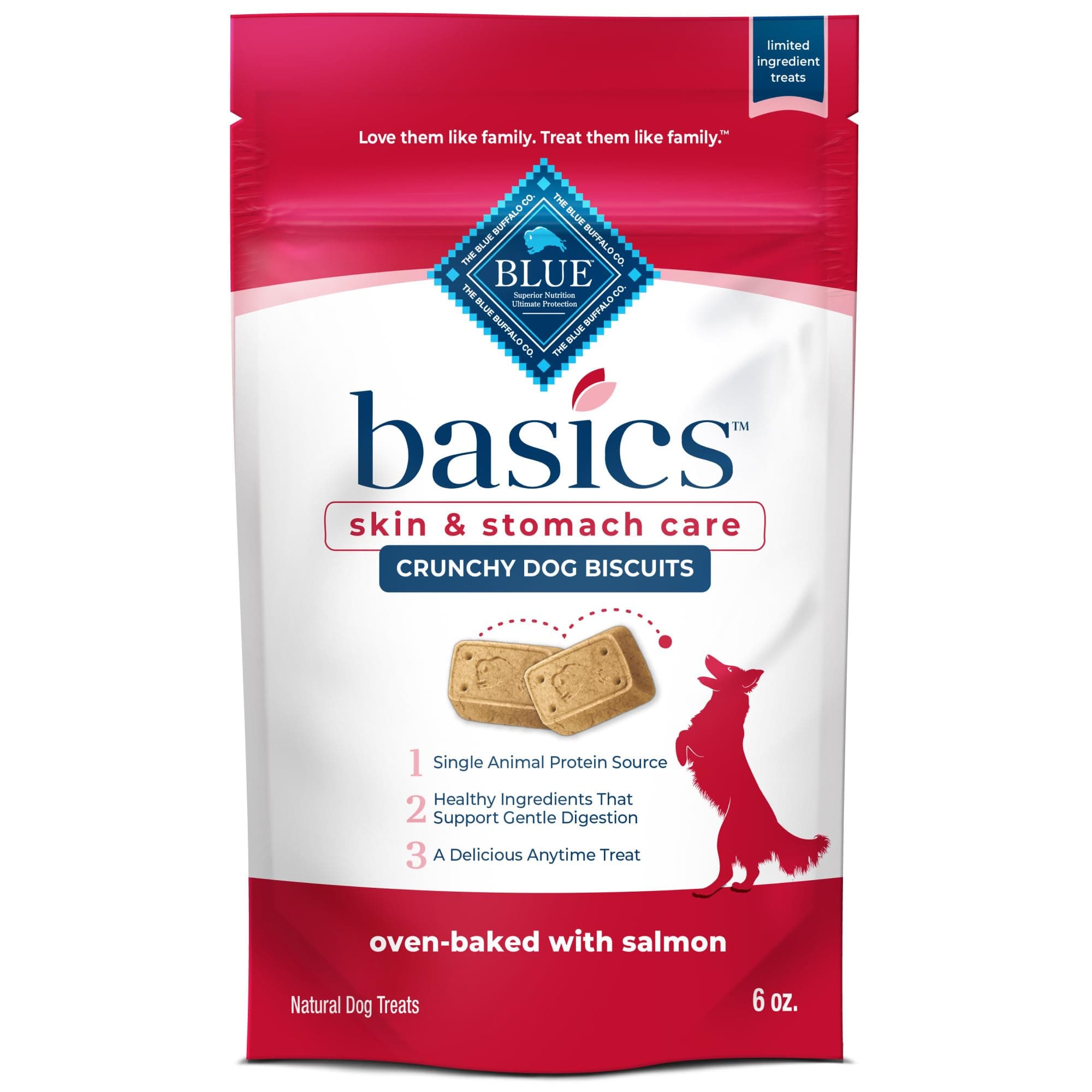 Blue Buffalo Basics Crunchy Dog Biscuits for Skin & Stomach Care, Limited Ingredient Diet Dog Treats, Salmon & Potato Recipe, 6-oz. Bag