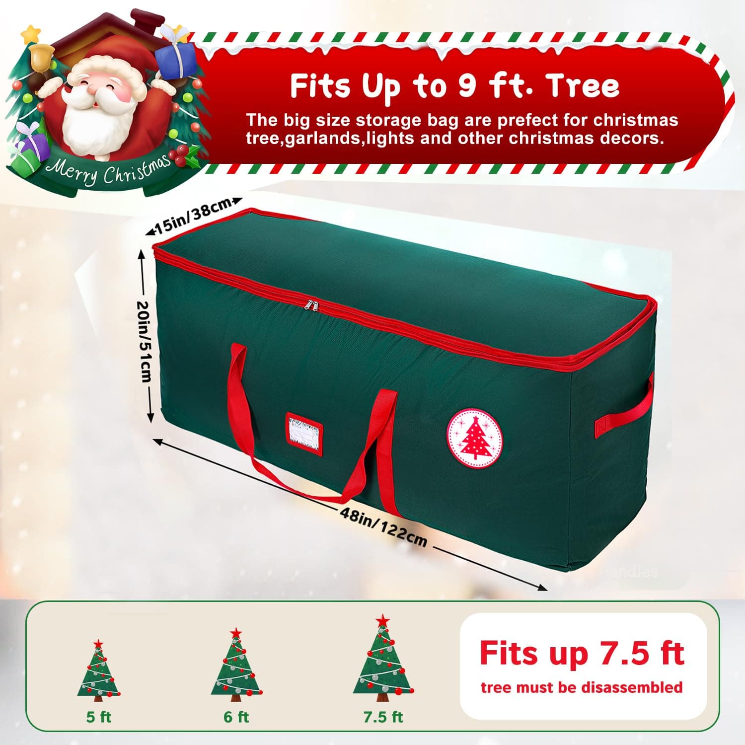 Large Christmas Tree Storage Bag, Fits Up to 7.5 ft Artificial Disassembled Trees with Durable Handles, Sleek Dual Zipper & Tag Card, Waterproof Tear-proof Holiday Xmas Bags Box for Years Use