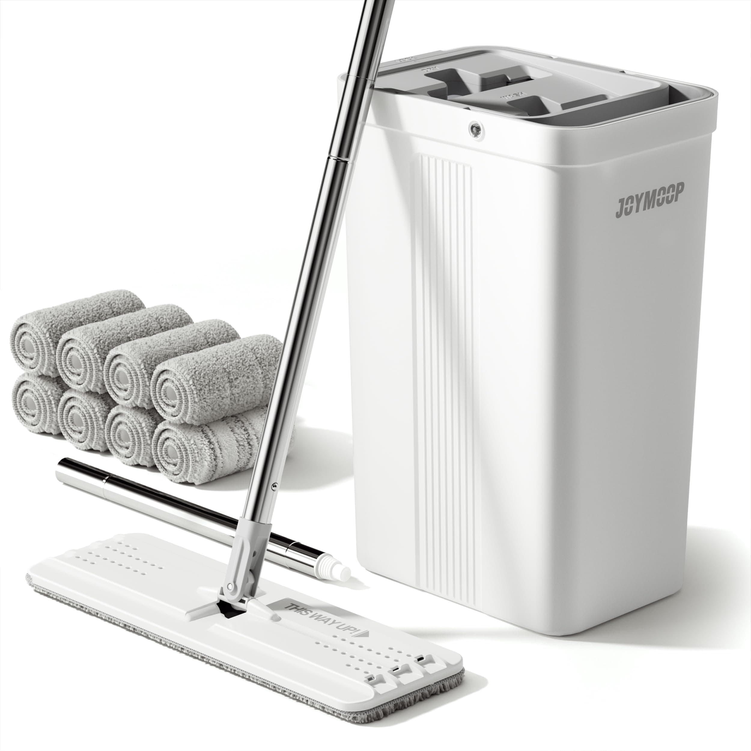 JOYMOOP Mop and Bucket Set with Manual Wringing Function - Flat Floor Mop with Long Handle for Wall Cleaning - Includes 8 Reusable Microfiber Pads for Wet and Dry Mopping - Suitable for Wood Floors