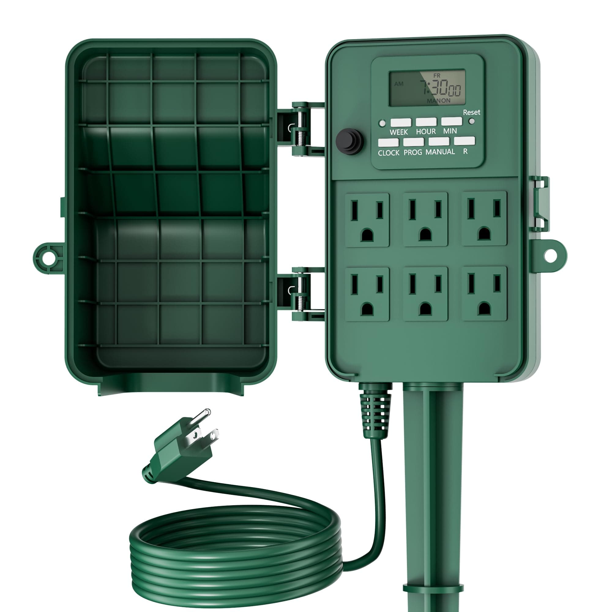 Outdoor Power Stake, 7-Day Programmable Digital Timer, 6 Outlets, 6FT Extension Cord, Waterproof Perfect for Christmas, Halloween, Garden Decorations, ETL Listed