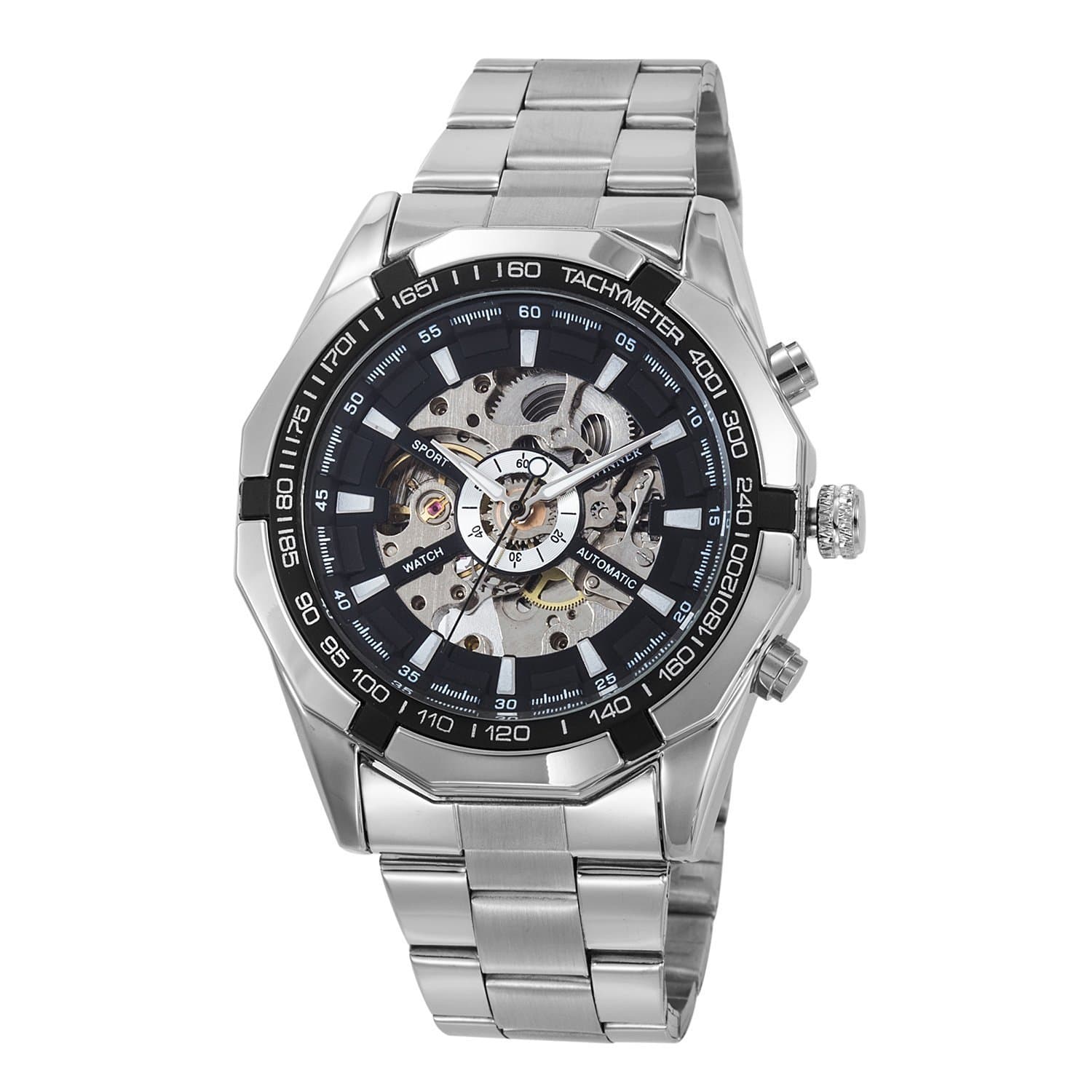 SOAO Men's Automatic Mechanical Stainless Steel Wristwatch Skeleton Black Dial Stainless Steel Strap Analog Watch For Men