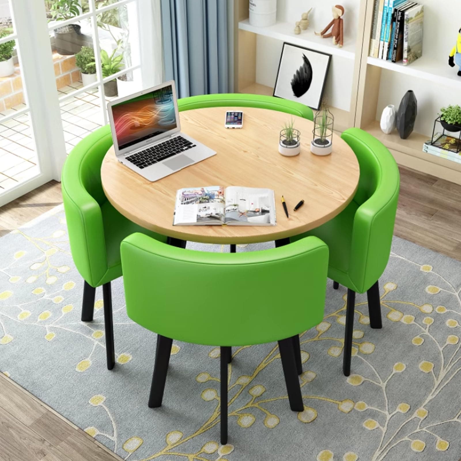 Round Kitchen Dining Table Set for 4, Space Saving Table and Chairs Set with Thick Tabletop 4 Upholstered Chairs, Dinning Room Modern Casual Coffee Table Set(D 31.5inch/80cm, PU Green)