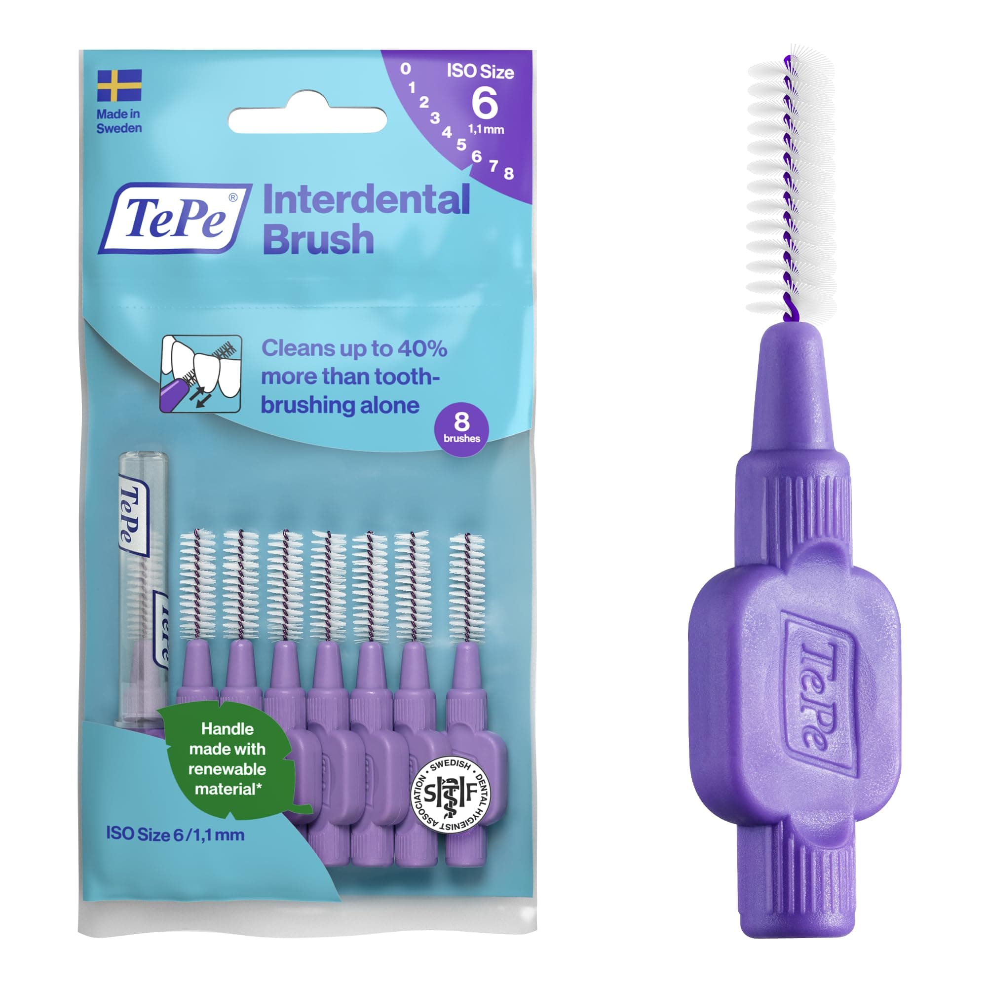 Interdental Brush, Original, Purple, 1.1mm/ISO 6, 8pcs, Plaque Removal, Effective Cleaning Between Teeth, Dental flosser for Large Gaps