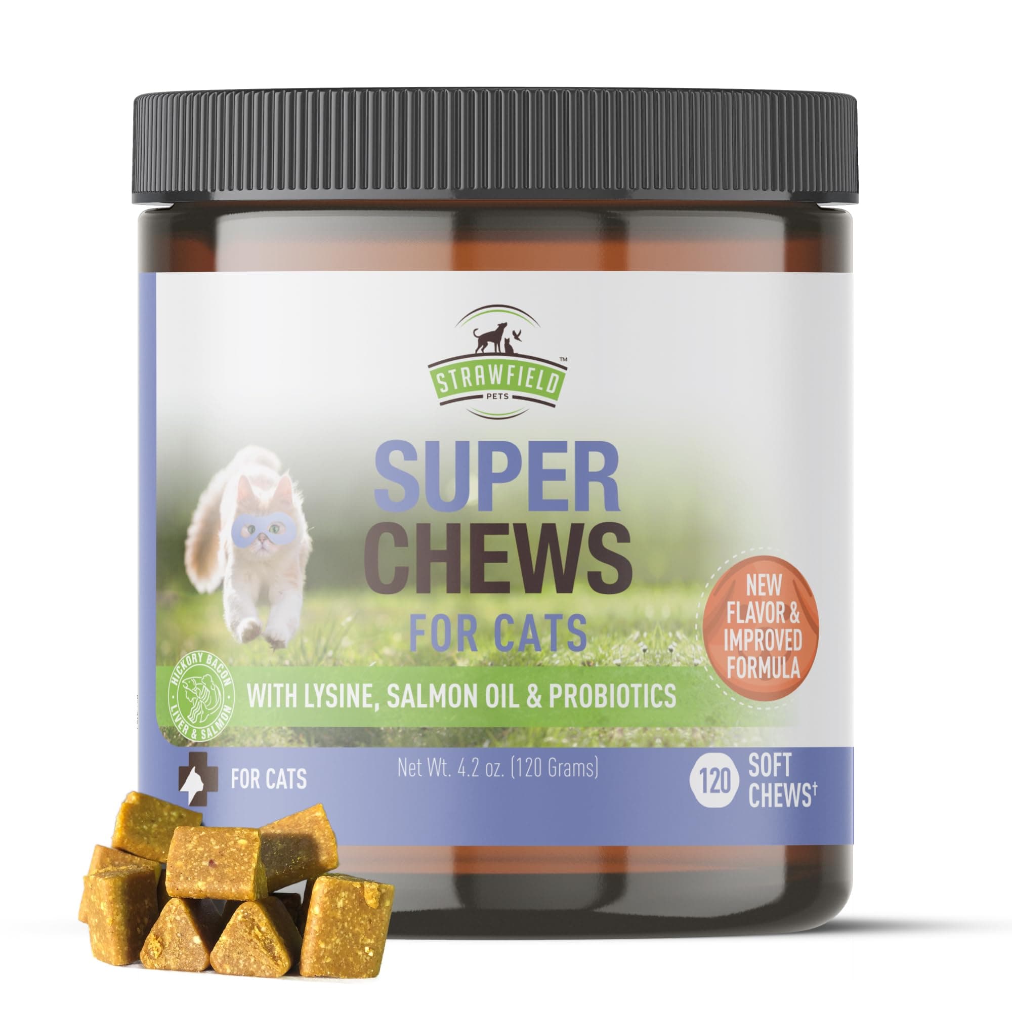 Strawfield Pets Super Chews for Cats - Lysine, Probiotics, Omega 3 Fish Oil (Salmon Oil), Catnip - Supports Immune, Gut, Skin & Joint Health - Hickory Bacon Salmon & Liver Flavor 120 Softchews