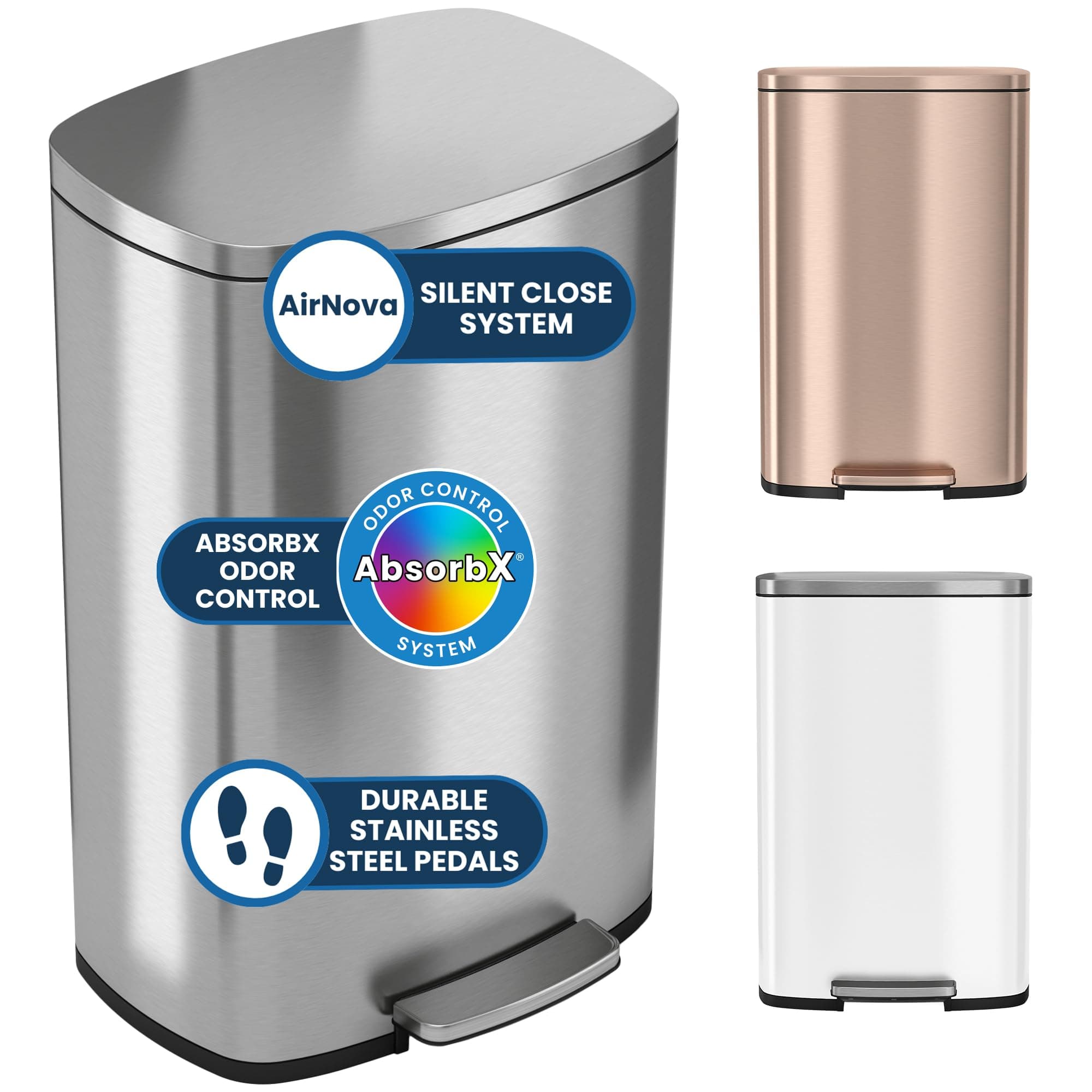 13.2 Gallon Step Trash Can with Lid and Odor Control Filter, Stainless Steel Kitchen Garbage Bin with AirNova Silent Lid, 50 Liter, Fingerprint-Proof, Silver