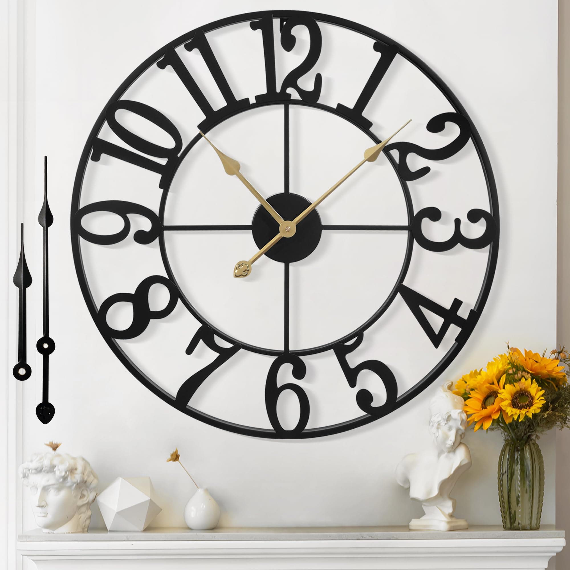 Large Wall Clock For Living Room - 60CM Silent Non-Ticking Metal Wall Clocks Battery Operated, Vintage Decorative Modern Wall Clock For Bedroom, Kitchen, Office, Farmhouse Decor