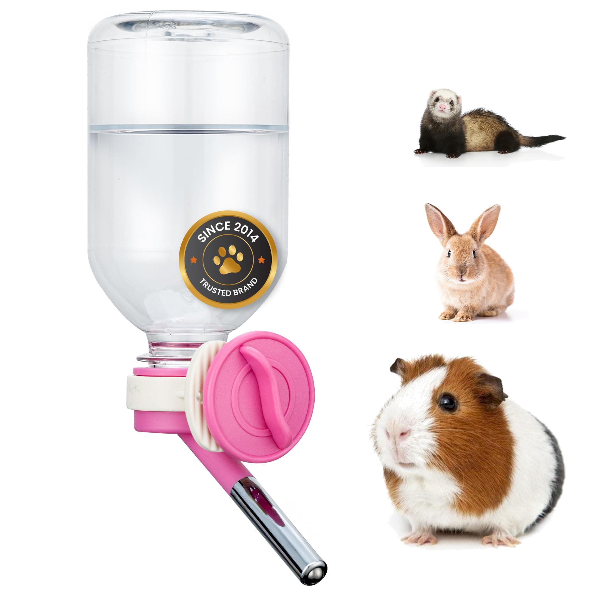 Patented No-Drip Water Bottle/Feeder for Guinea Pigs/Hamsters/Bunnies/Ferrets/Other Small Pets, Critters and Animals -for Cages, Crates or Wall Mount. 10.2 oz. Nozzle 10mm, Pink (C128)