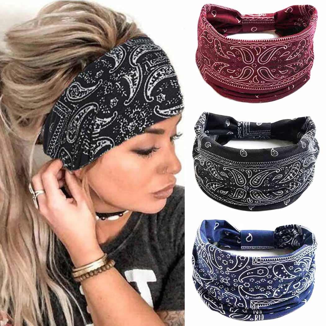 CAKURE Boho Wide Headbands Knotted Head Wraps African Head Scarf Motorcycle Hair Accessories for Women and Girls (Pack of 3) (Set-1)