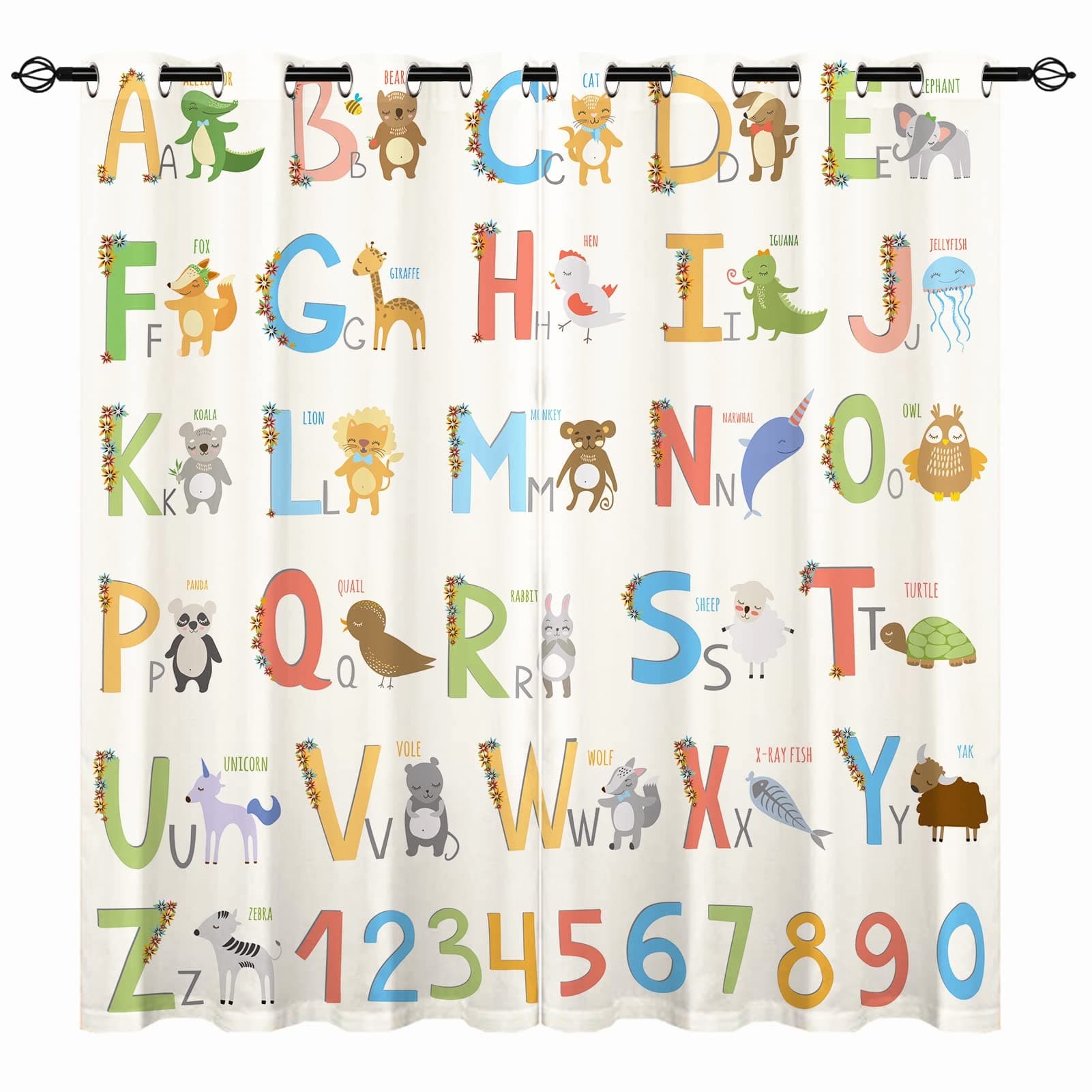YUANZU ABC Curtains - Kids Boys Girls Eyelet Blackout Alphabet with Cartoon Animals Print Pattern Thermal Insulated Room Darkening Window Drapes for Nursery Baby Bedroom 2 Panels W117cm x D183cm