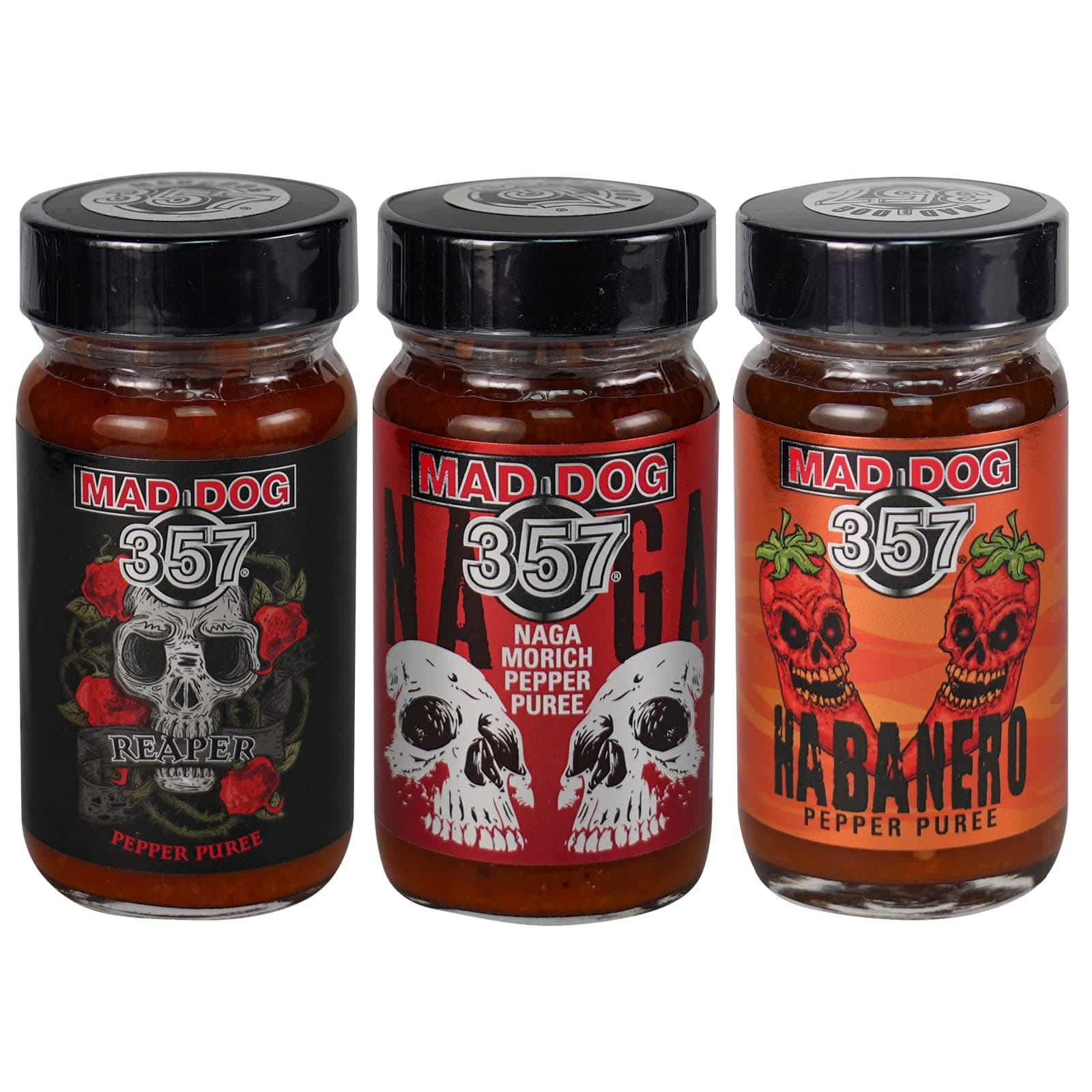 Mad Dog 357 Habanero/Carolina Reaper/Naga Morich Ghost Pepper Puree Three Jar Hot Pack