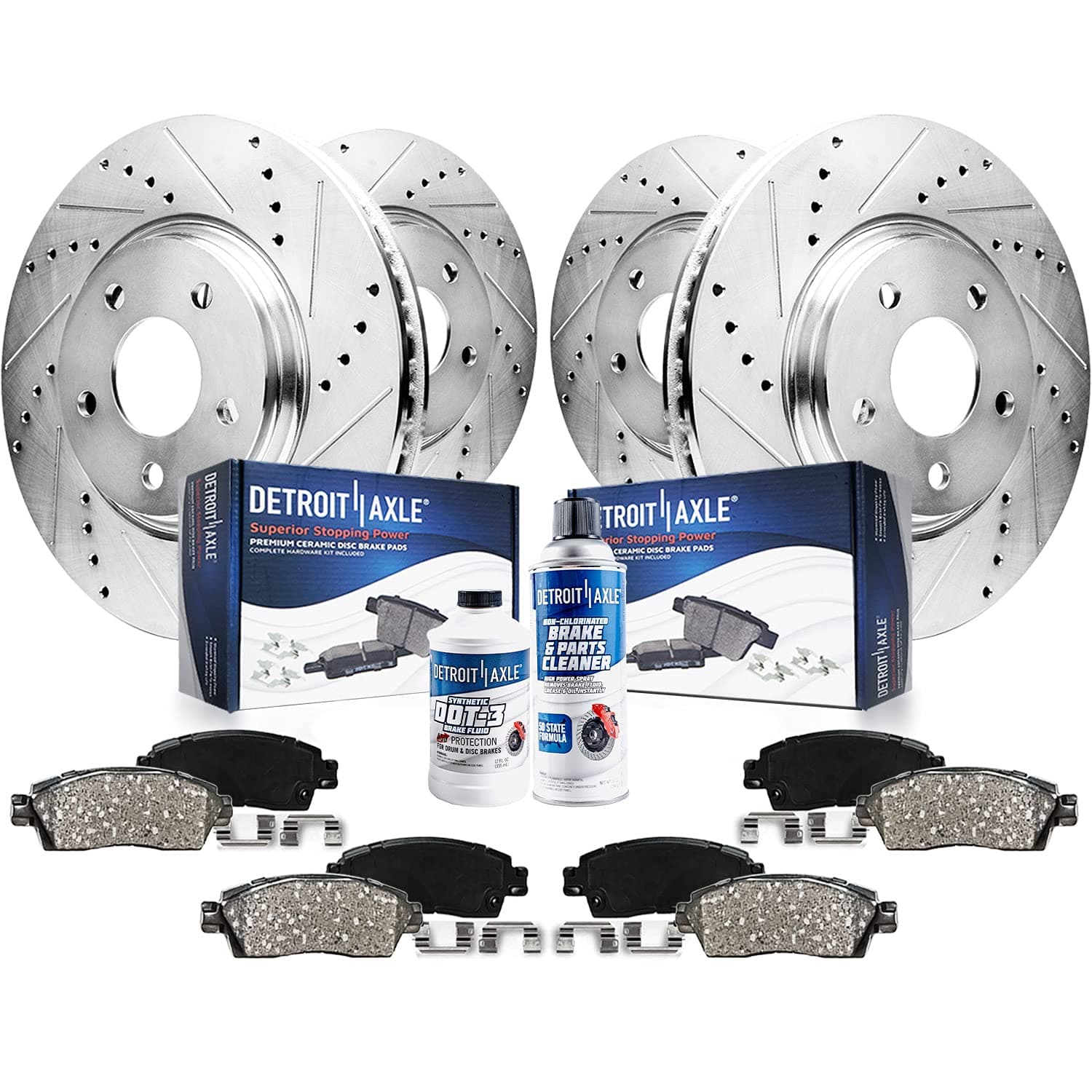 Detroit Axle - Brake Kit for 2003-2011 Ford Crown Victoria Mercury Grand Marquis Drilled & Slotted Brake Rotors and Ceramic Brakes Pads 2004 2005 2006 2007 2008 2009 2010 Front and Rear Replacement