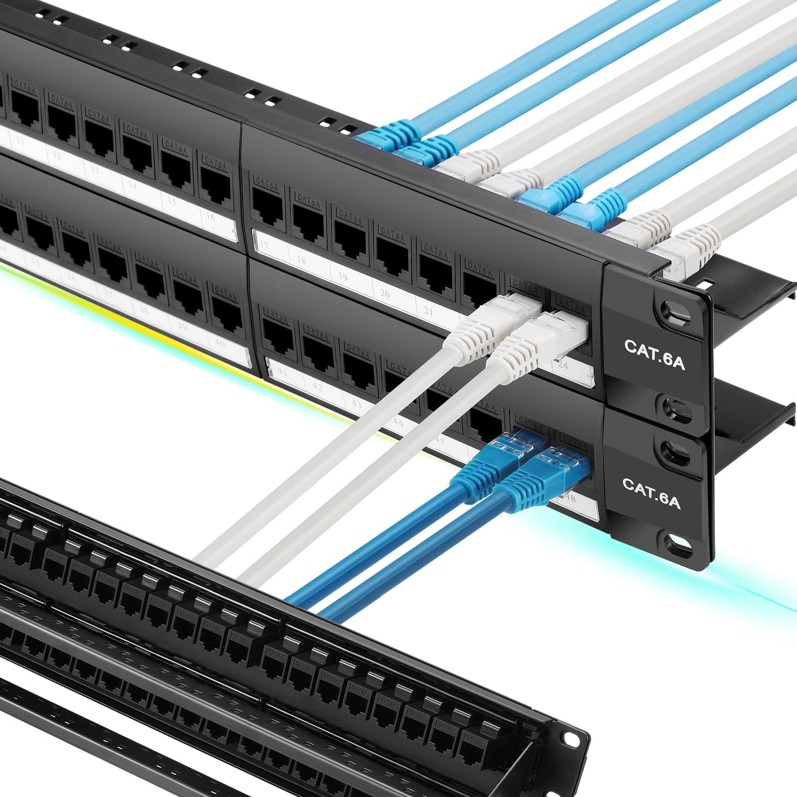 Rapink Patch Panel 48 Port Cat6A with Inline Keystone 10G Support, Pass-Thru Coupler UTP 19-Inch with Removable Back Bar, 2U Network Patch Panel for Cat6A,Cat6, Cat5e, Cat5 Cabling