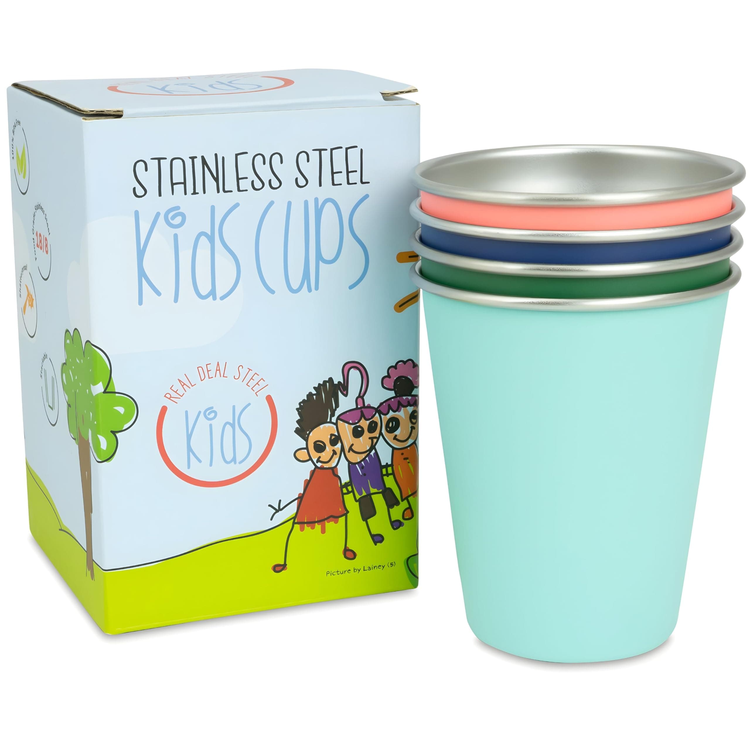 Stainless Steel Kids Cups - Set of 4 - Metal Cups for Children and Toddlers, Premium 10 oz Drinking Glasses in Fun Colors, BPA Free, Unbreakable (Assorted 2)