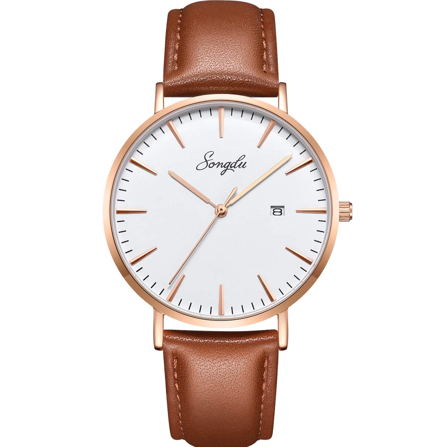 SONGDU Men's Ultra-Thin Quartz Analog Date Wrist Watch with Black Leather Strap