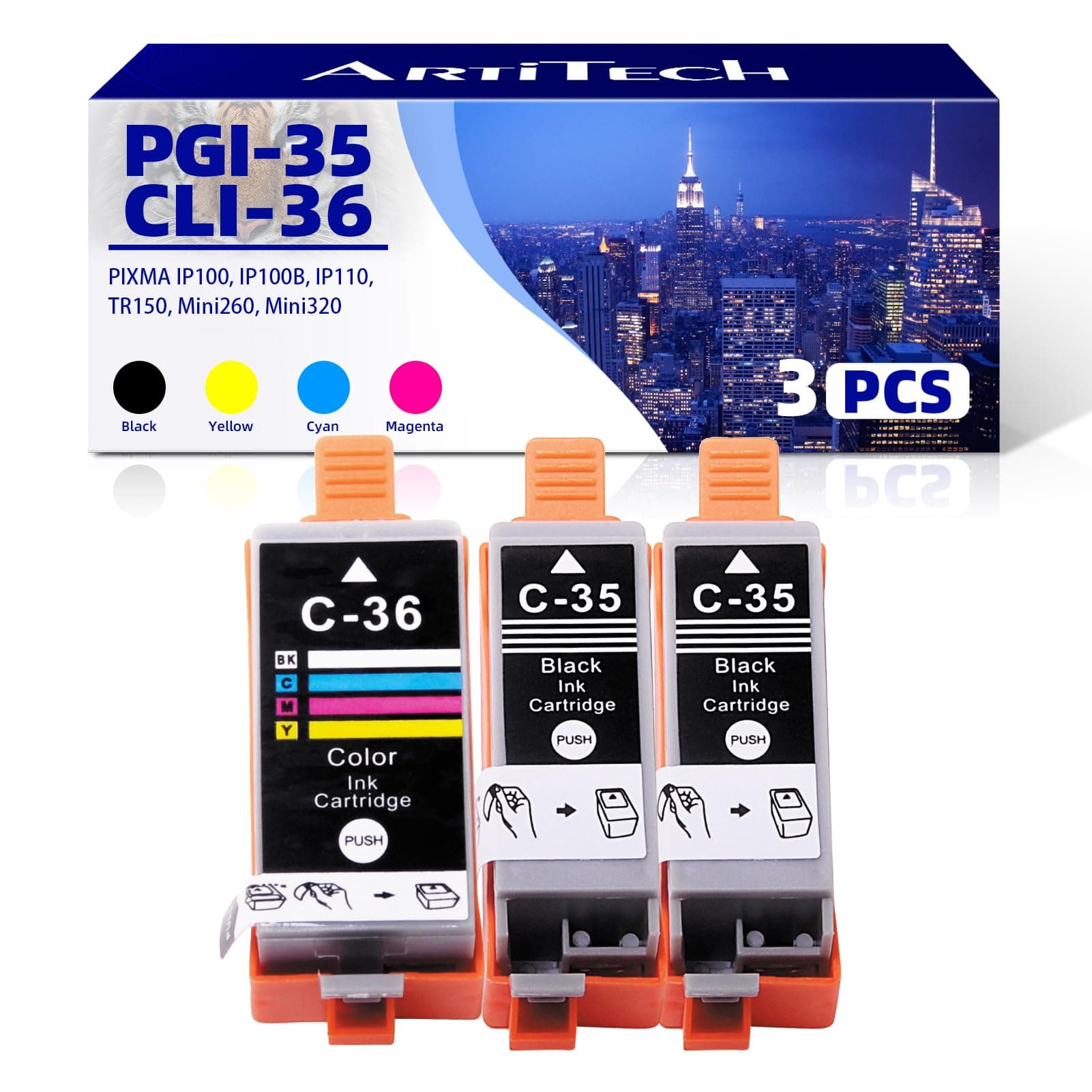 ARTITECHReplacement for Canon PGI-35 Twin Black & CLI-36 Color Ink Use with for Canon Pixma iP100, iP110, TR150, mini260, mini320 Printers Ink 3 Pack (2 PGI-35 Black, 1 CLI-36 Color)