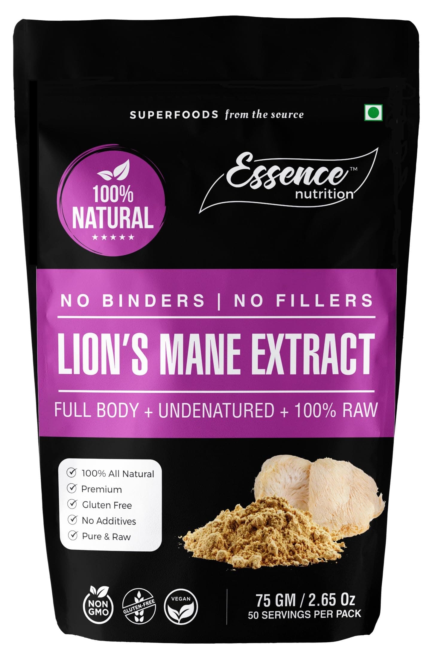 Essence Nutrition Lions Mane Mushroom Extract Powder (75 gm) - Lab Tested, Pure High Beta Glucan & Polysaccharides Mushroom Supplement - Most Potent Imported Supplement