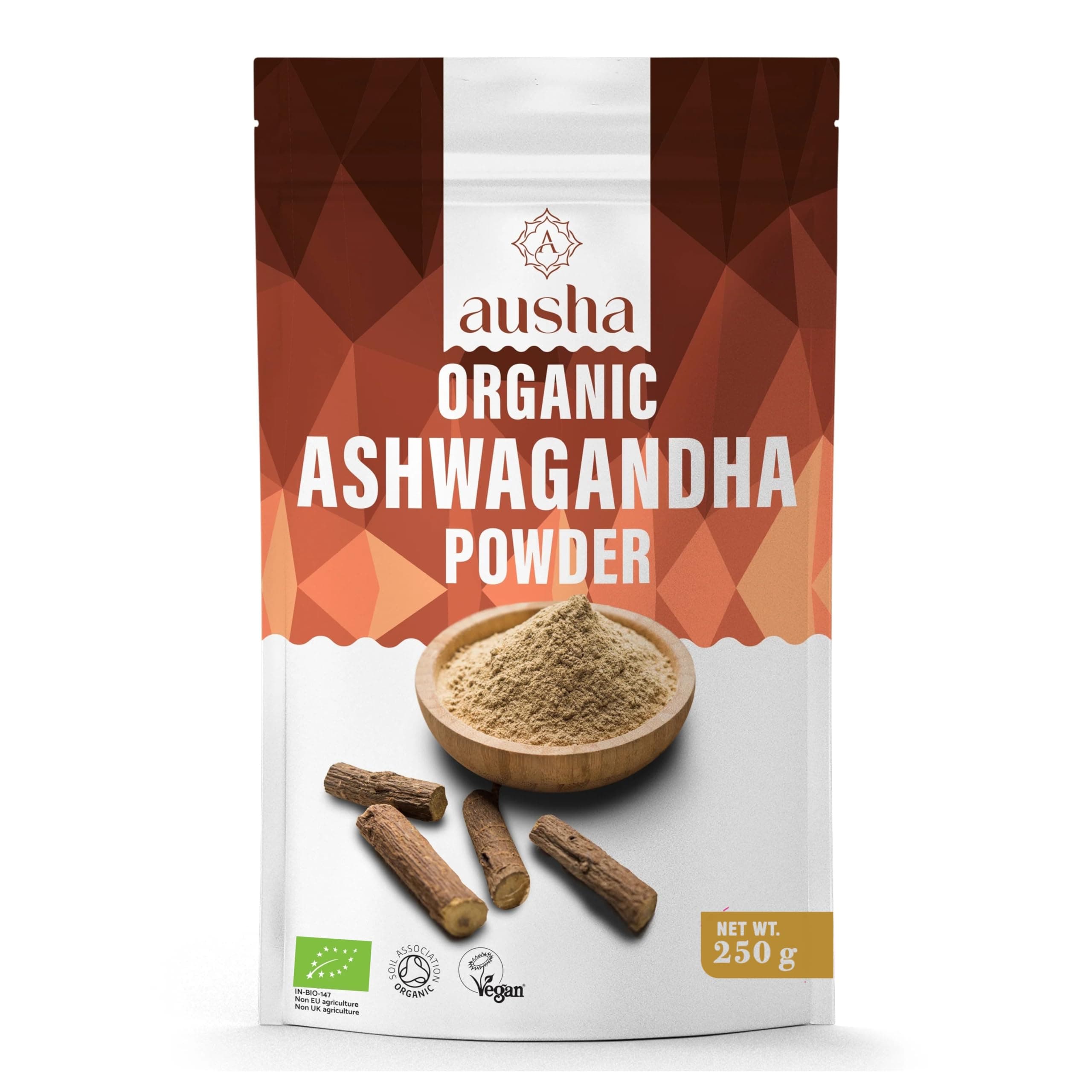 AUSHA Organic Ashwagandha Powder 250g - Withanolides, Stress and Anxiety Relief, Energy, Sleep Aid - UK Certified Organic by Soil Association - Add to Juices, Smoothies, Water