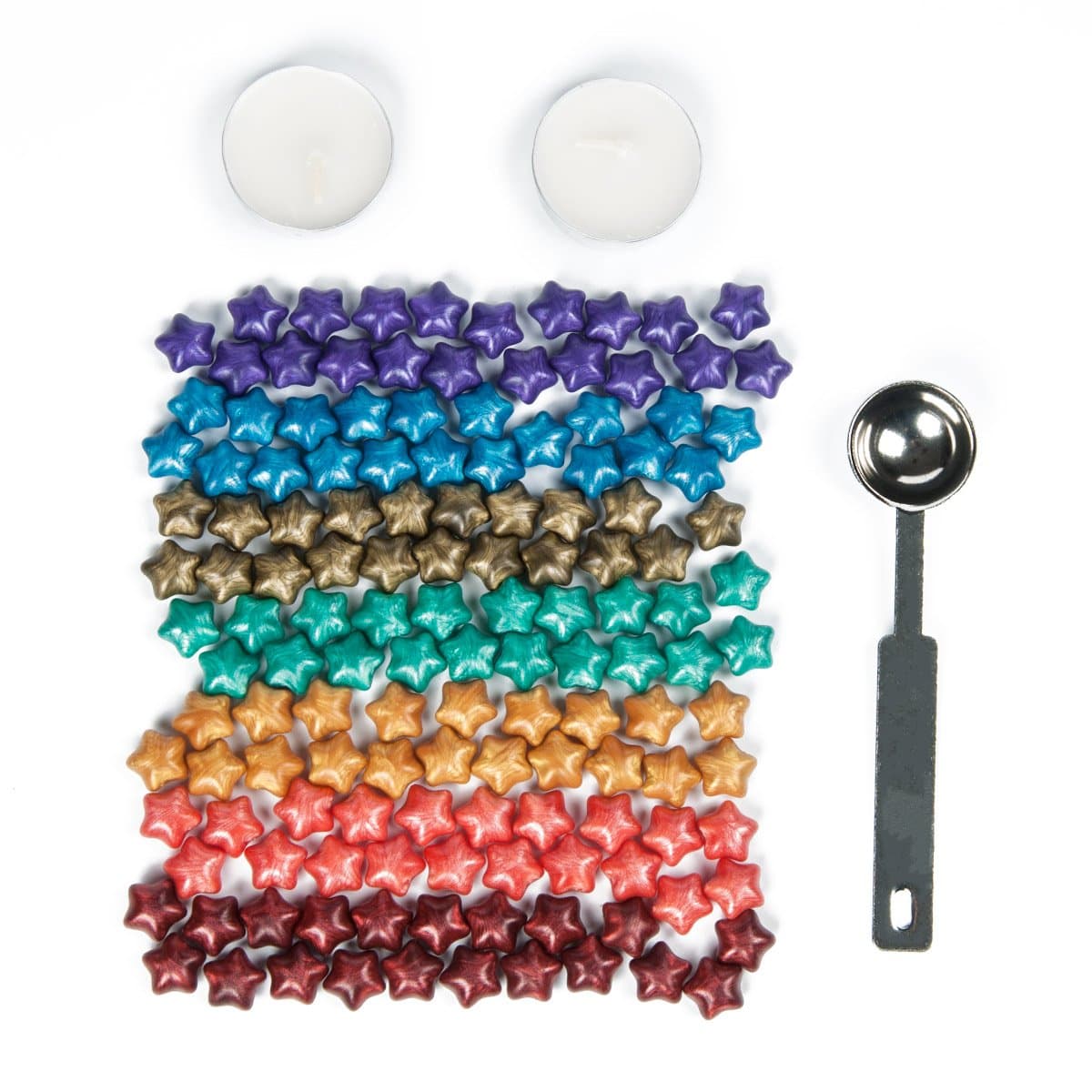 Luropa 140 Pieces Rainbow Colorful Star Shape Sealing Wax Beads with a Wax Melting Spoon and 2 Pieces Candles for Wax Seal Stamp(7 Colors)