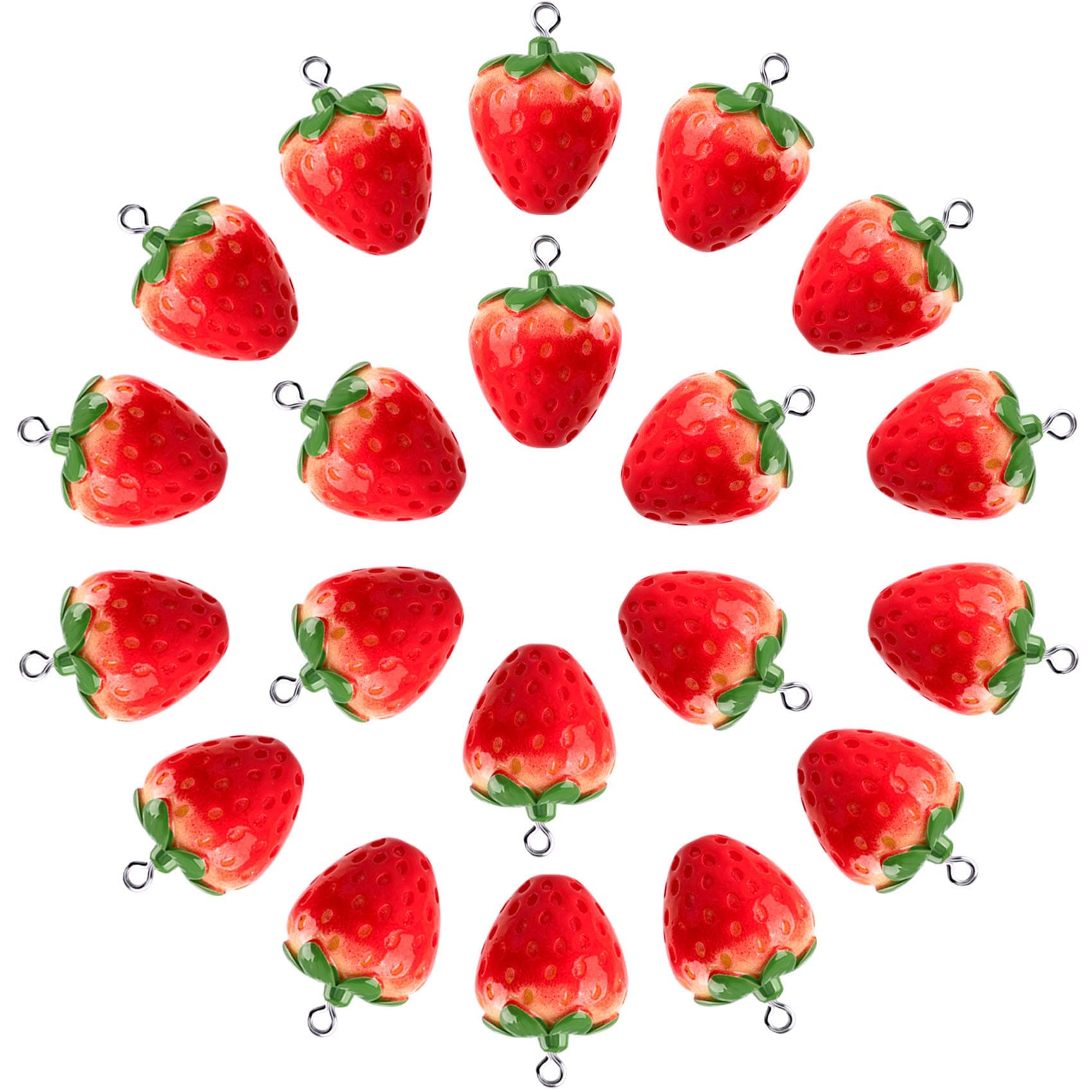 OIIKI 20Pcs 3D Red Strawberry Pendants, Resin Strawberry Beads with Green Leaf DIY Crafts Supplies Decoration Accessories for Jewelry Making Necklaces Earrings