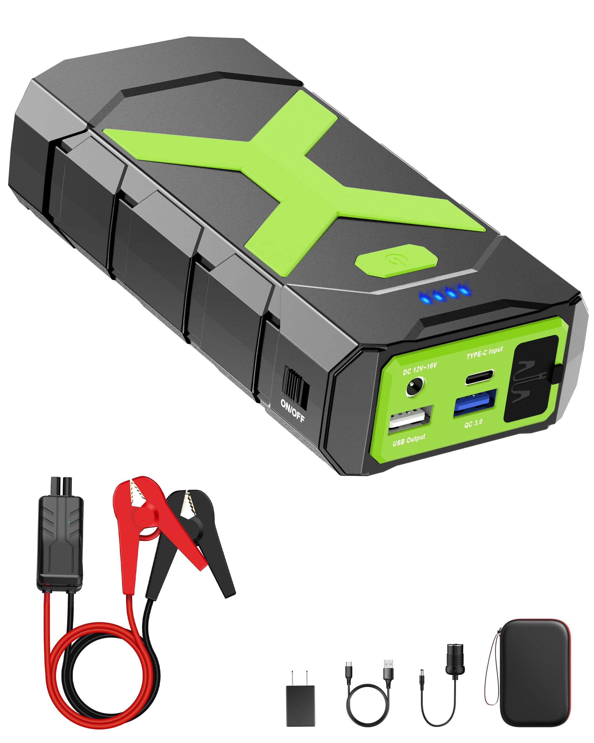 BOOKOO Jump Starter 2000A for Car,Boat,Lawnmower 8.0L Gas&6.5L Diesel Engines Portable 12V Car Battery Jump Starter with Cables,Wall Charger,USB 3.0 Fast Charging,16V DC Output,3 LED Modes