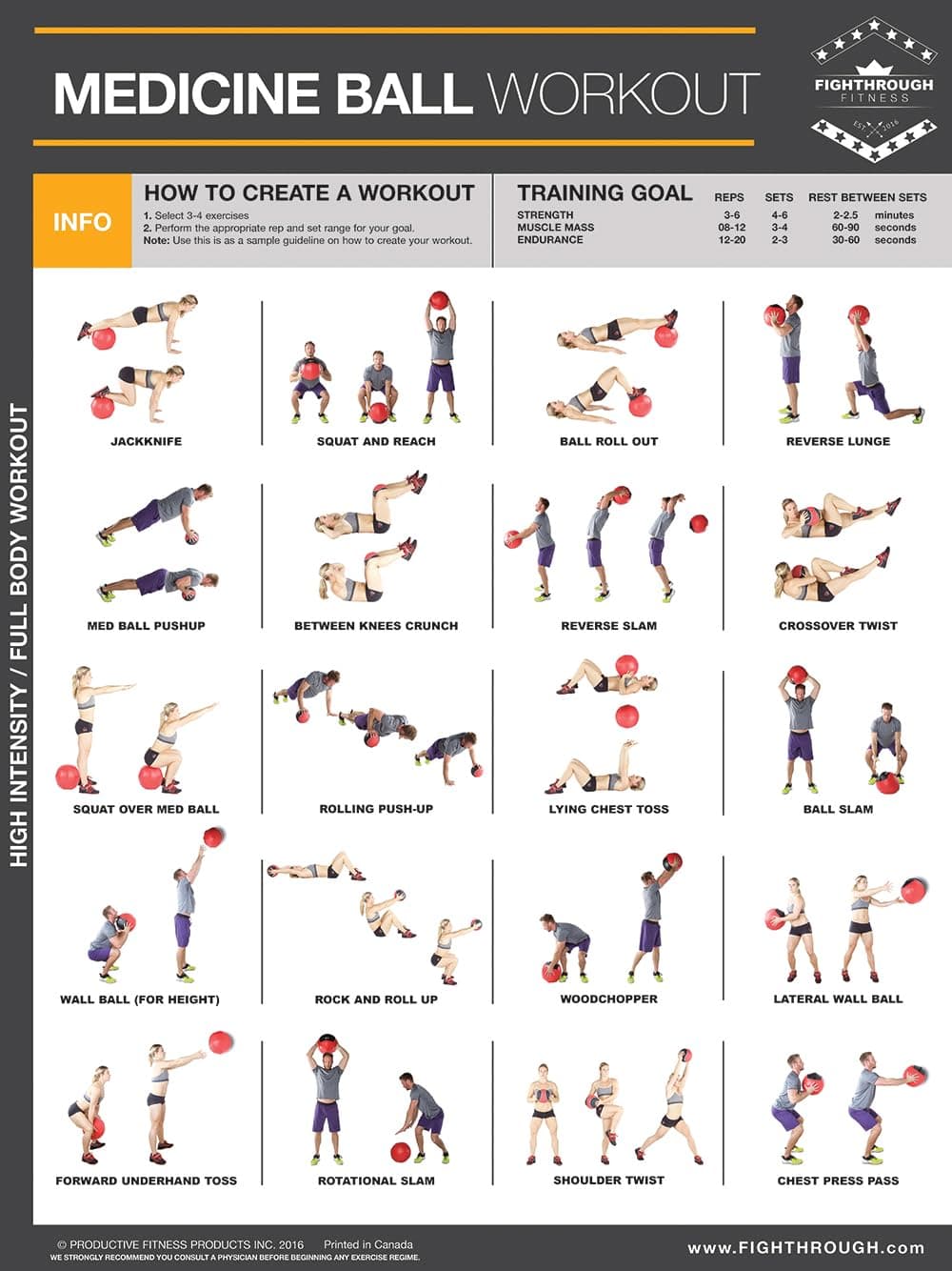 Medicine Ball High Intensity Workout - Laminated Poster / Chart - FT - Strength & Cardio Training - Core - Chest - Legs - Shoulders & Back - Your Guide to Medicine Ball Training - 45.72cm X 60.96cm