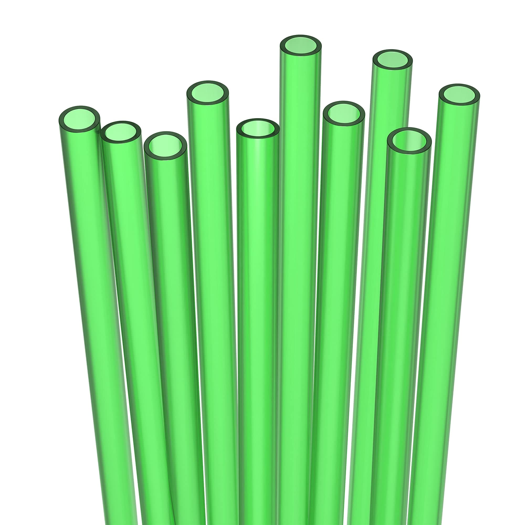 10 Short Reusable Hard Green Plastic Drinking Straws, Medium Width + Sturdy Cleaning Brush - For Cocktails, Small Cups, Kids Drinks - Dishwasher Safe BPA PFOA Free