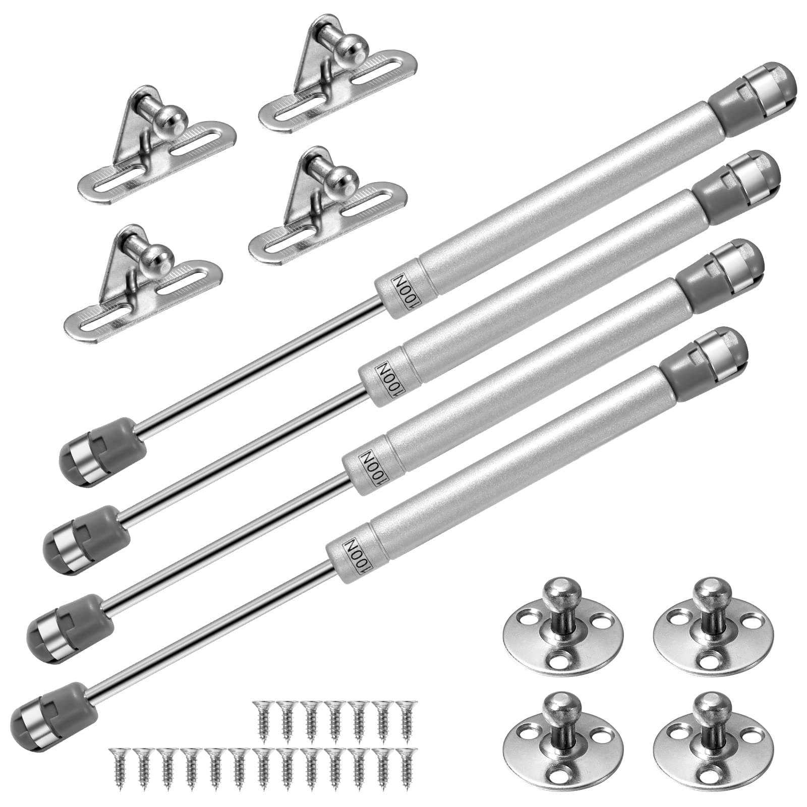 Vinabo 4 100N gas springs, gas pistons for doors, furniture jack, cabinet hinge, hinge damper for kitchen cabinets, silver/black