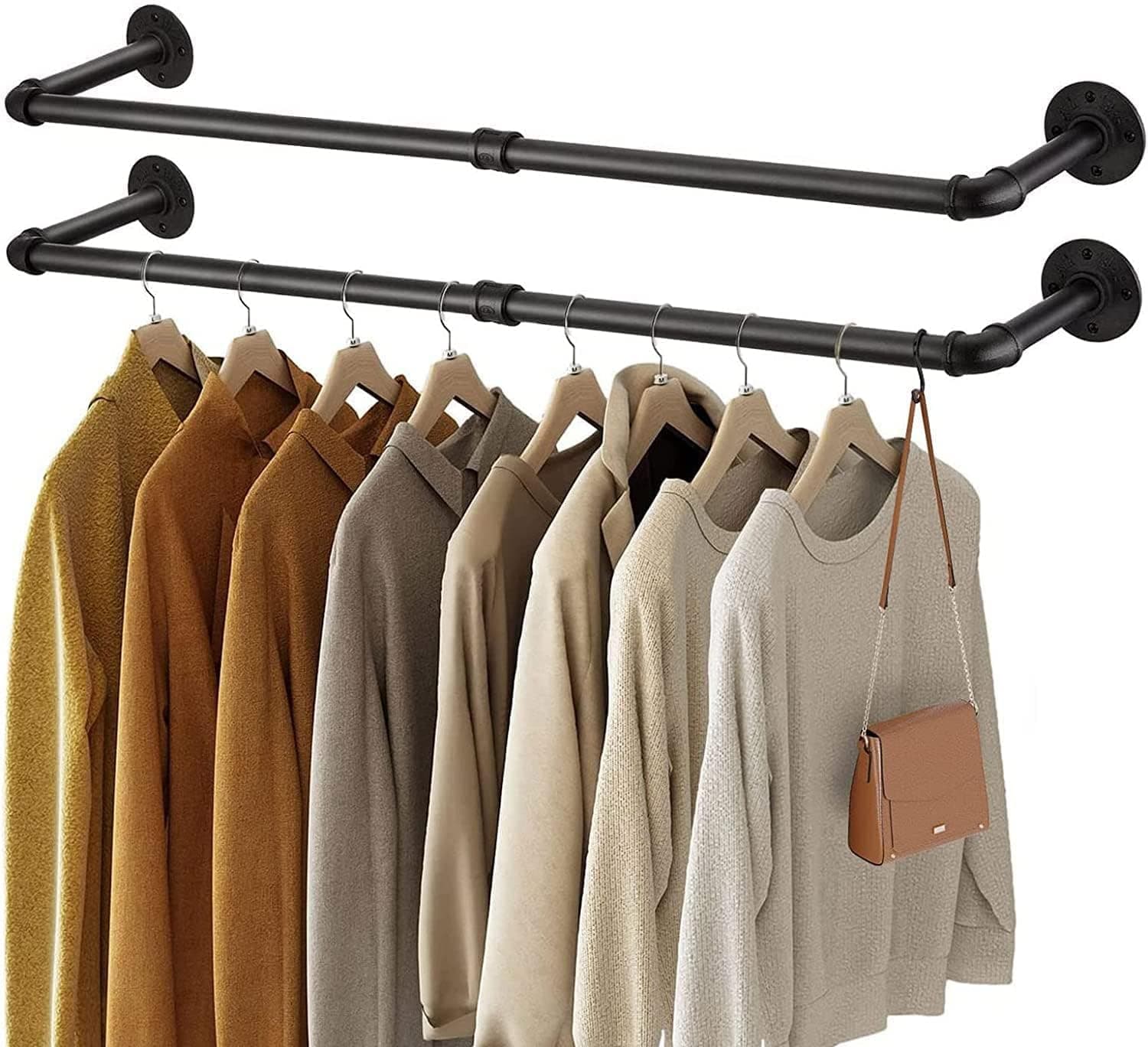 medla Industrial Pipe Clothes Rod: Wall Mounted Clothes Rack 2 PCS Pipe Cloth Hanging Stand Industrial Clothing Hanger Rod Heavy Duty Garment Storage Rail Laundry Drying Shelf for Closet Wardrobe