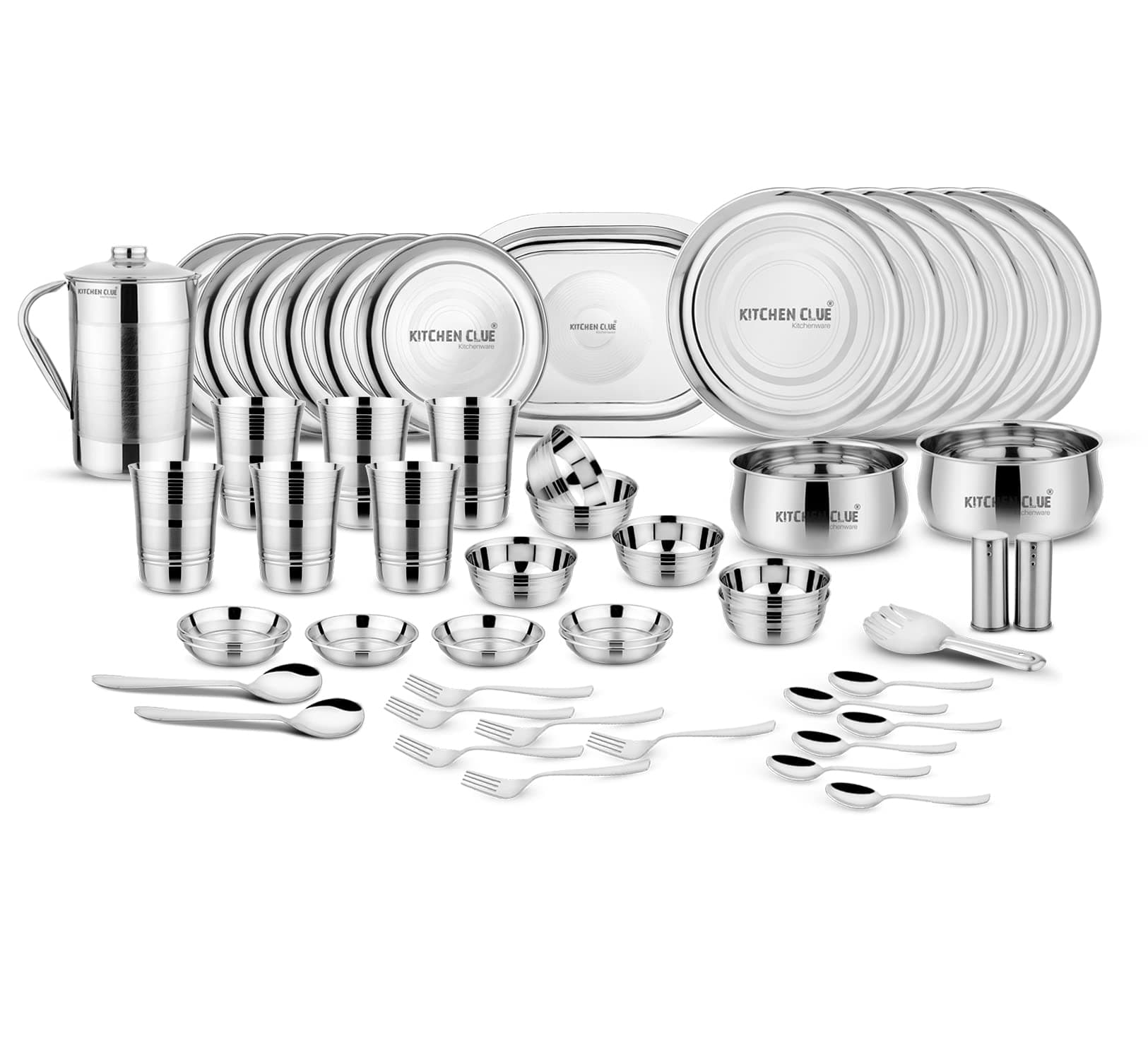 Premium Grade Quality Stainless Steel Dinner Set of 51 Pcs, Silver Touch Design - Attractive & Stylish Looks - Add Grace to Your Kitchen - Exclusive Kitchen Set for Home - Highly Durable