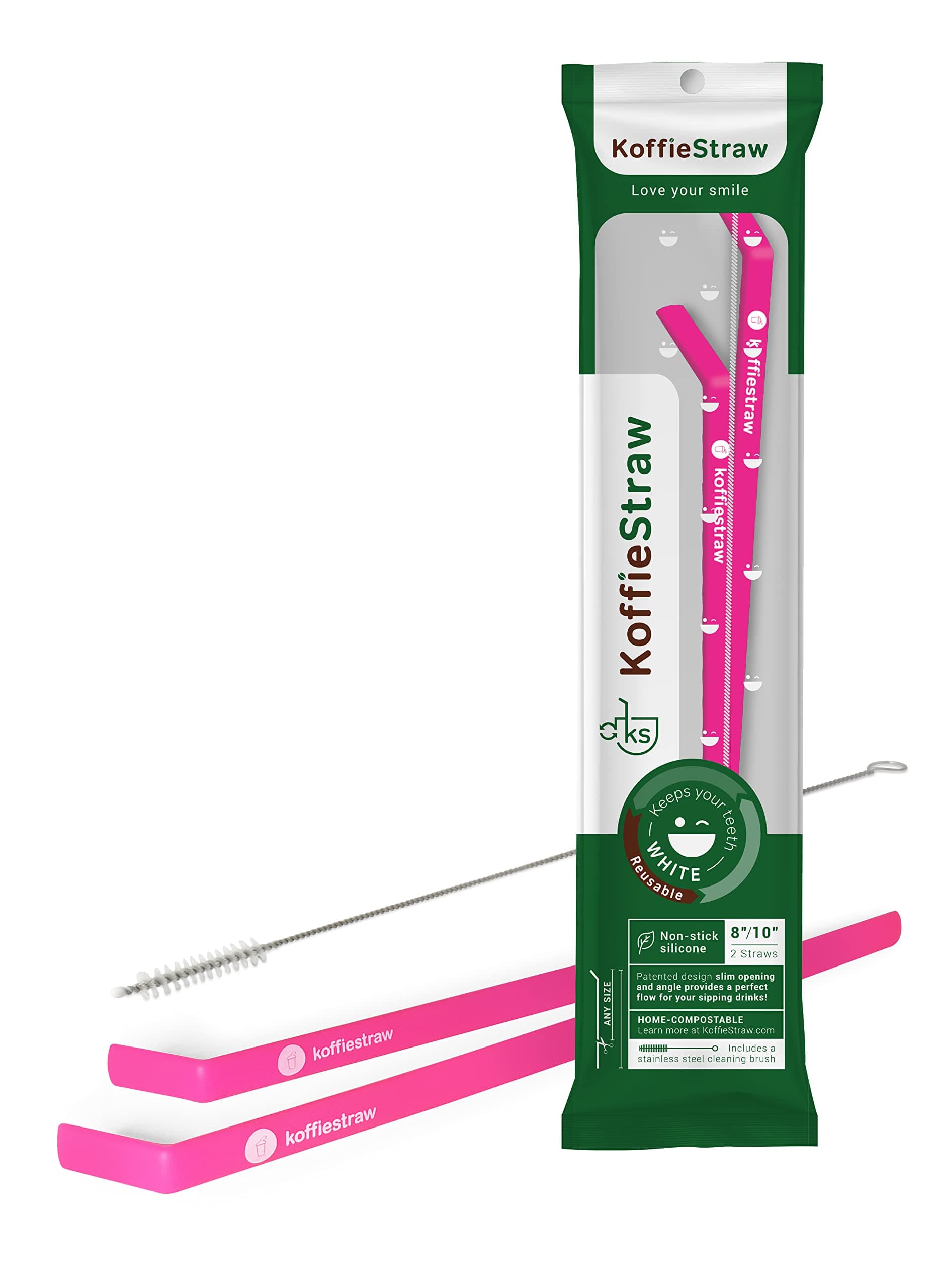 Koffie Straw PINK in both sizes (2 straws: 8", 10", and a brush)