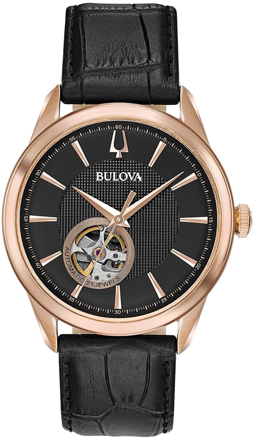 Bulova Classic Automatic Mens Watch, Black Leather Strap (Model: 97A140)