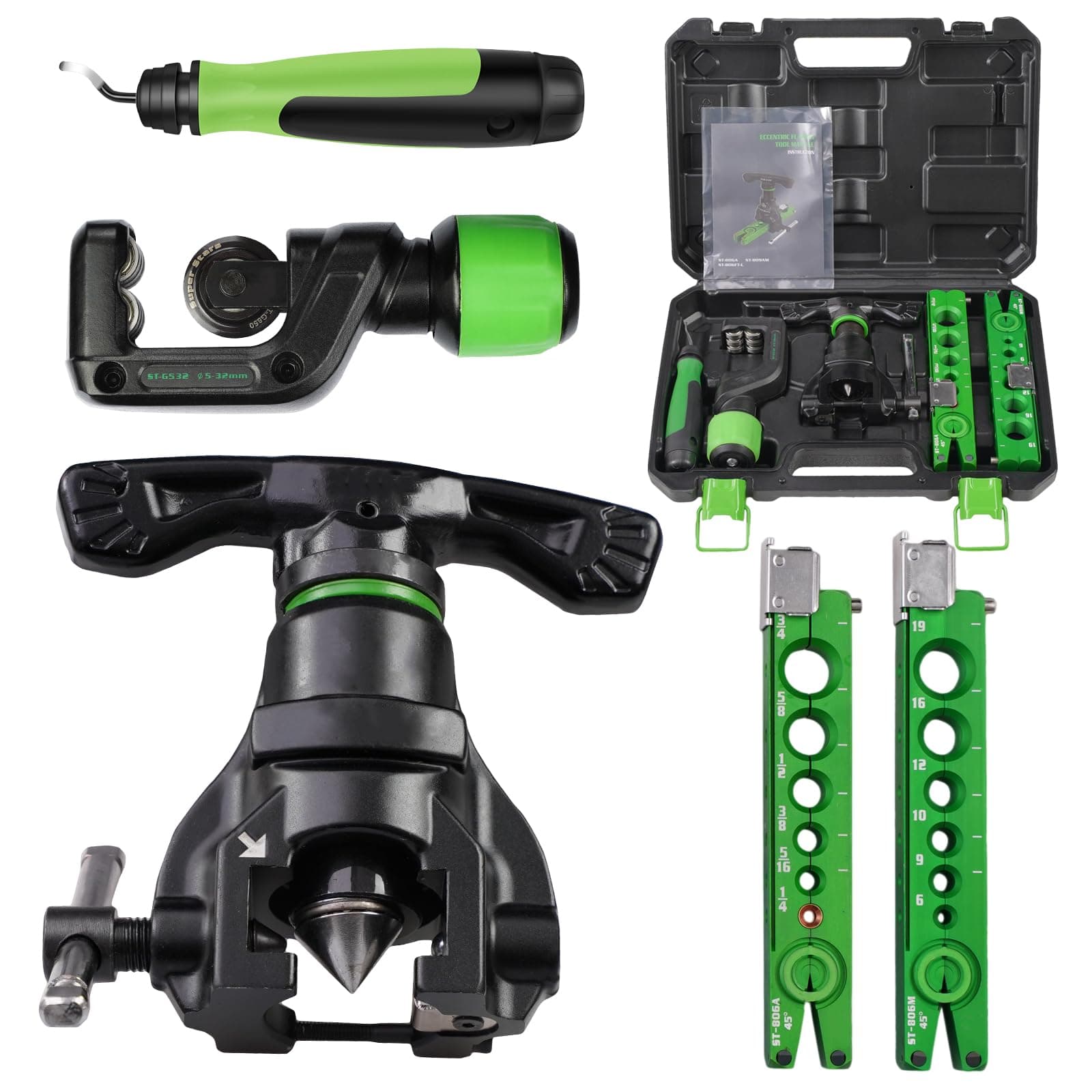 HVAC Flaring Tool Kit for 1/4'' - 3/4'' and 6-19mm Single Flare, 45° Eccentric Type Manual Tubing Flaring Tool Kit with Clutch, Pipe Cutter, Deburring Tool for Copper Aluminum Pipe (5PCS Set)