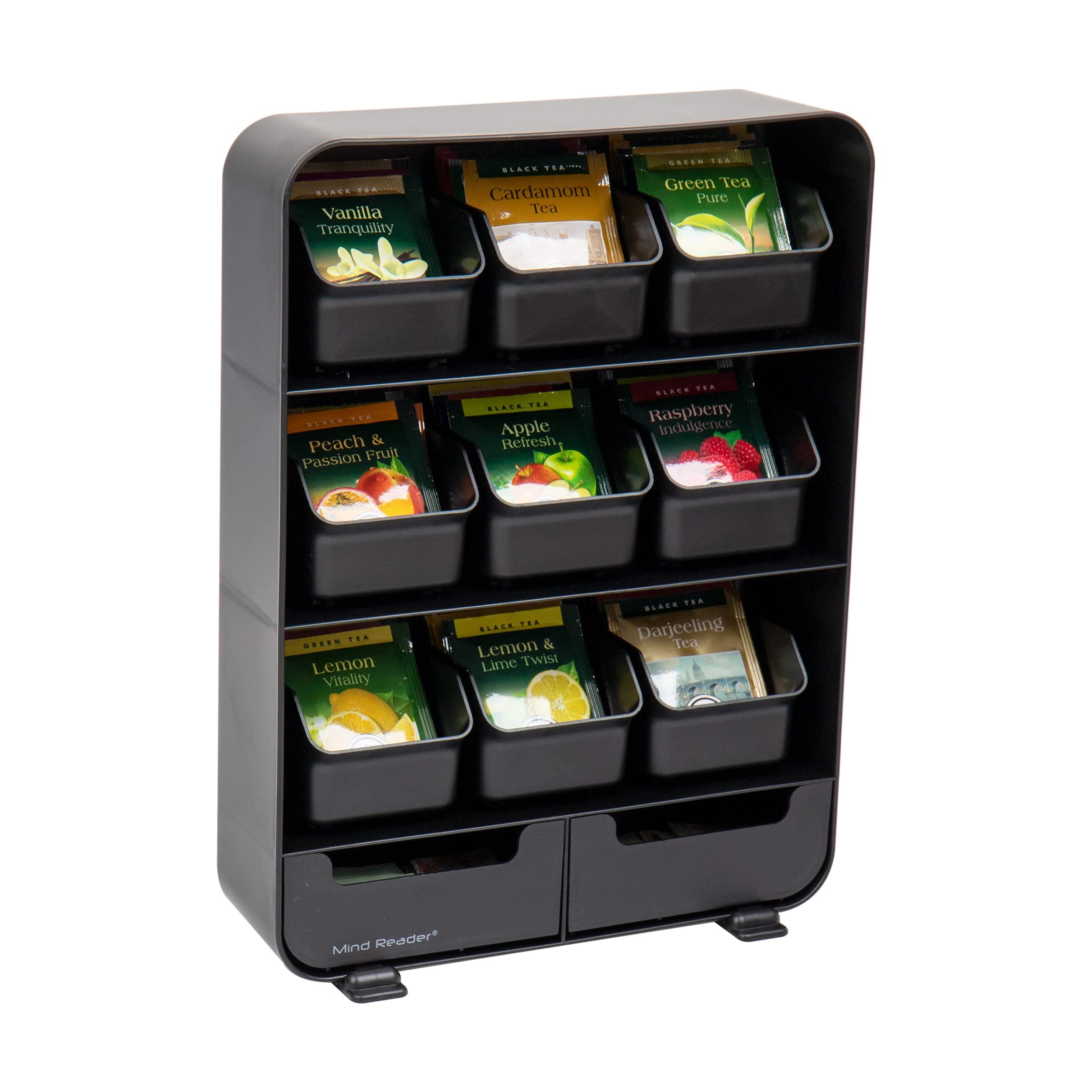 Tea Bag Organizer, Tea Station Organizer, Countertop Storage, Kitchen, Plastic, 10.25"L x 3.25"W x 13.75"H, Black