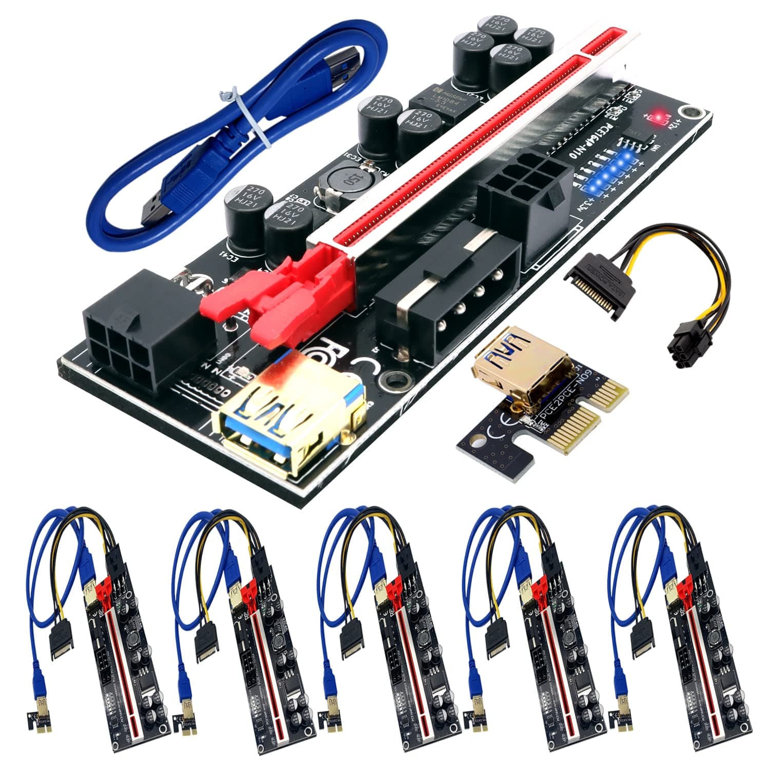 PCI-E Riser 010S GPU Riser Adapter Card PCI-E 1X to 16X Riser Card PCI-Express Riser Cable USB 3.0 for Bitcoin Ethereum Crypto Mining BTC ETH Miner(2021 Newest Version, 6 Pack)