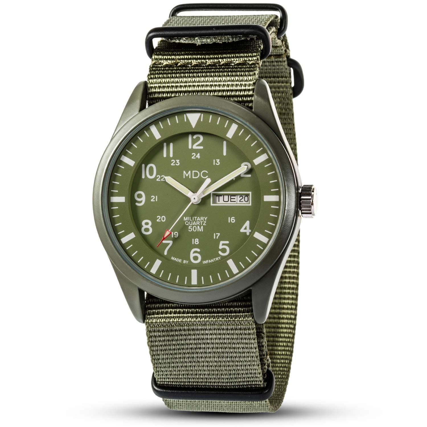 Mens Military Watch, Vietnam Style Field Watches for Men, Tactical 12/24H Military Time Analog Watch, Waterproof Day Date Quartz Wristwatch w/Green Nylon Band, Work Watch for Man
